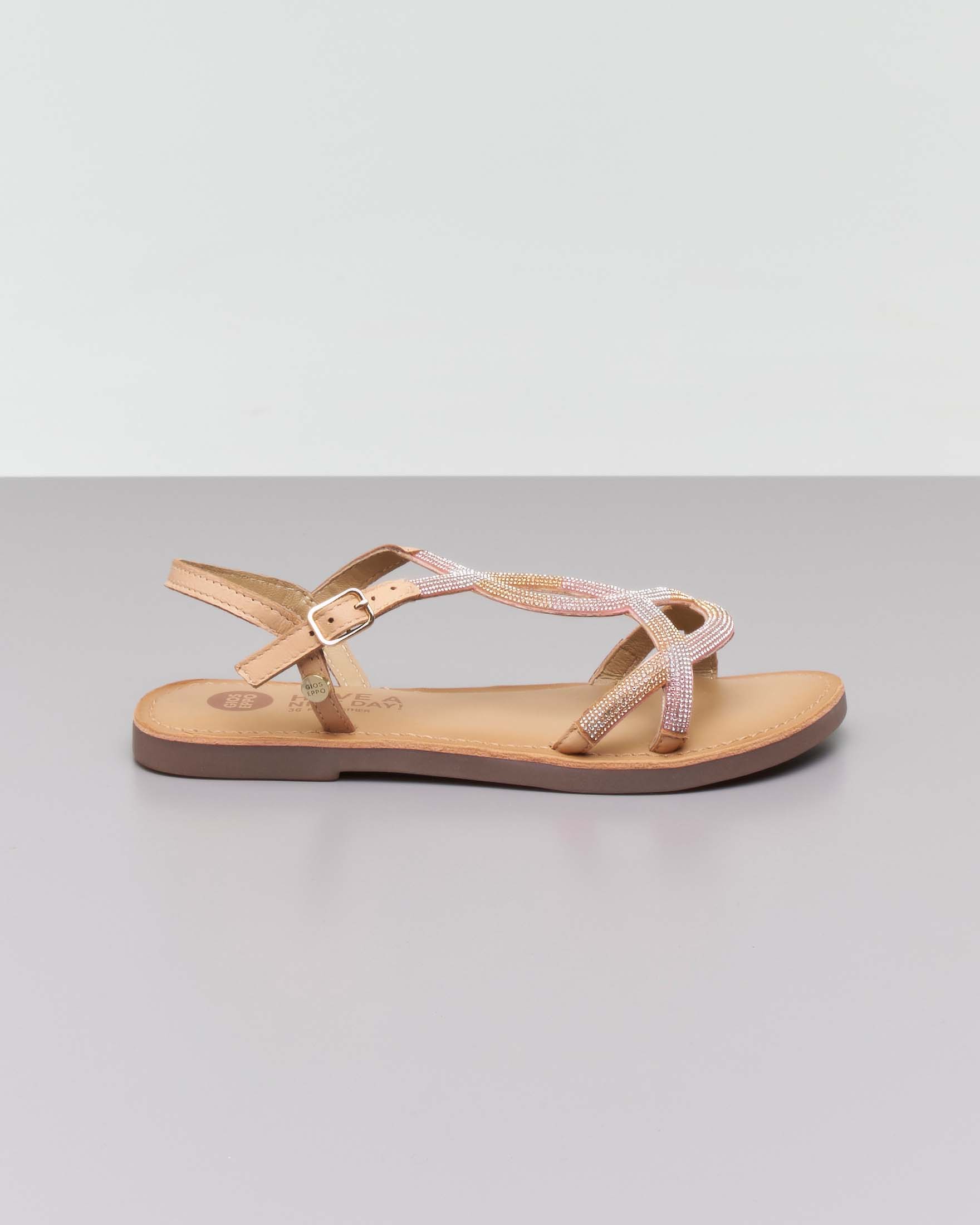 Sandali in pelle con strass multicolor e cinturino