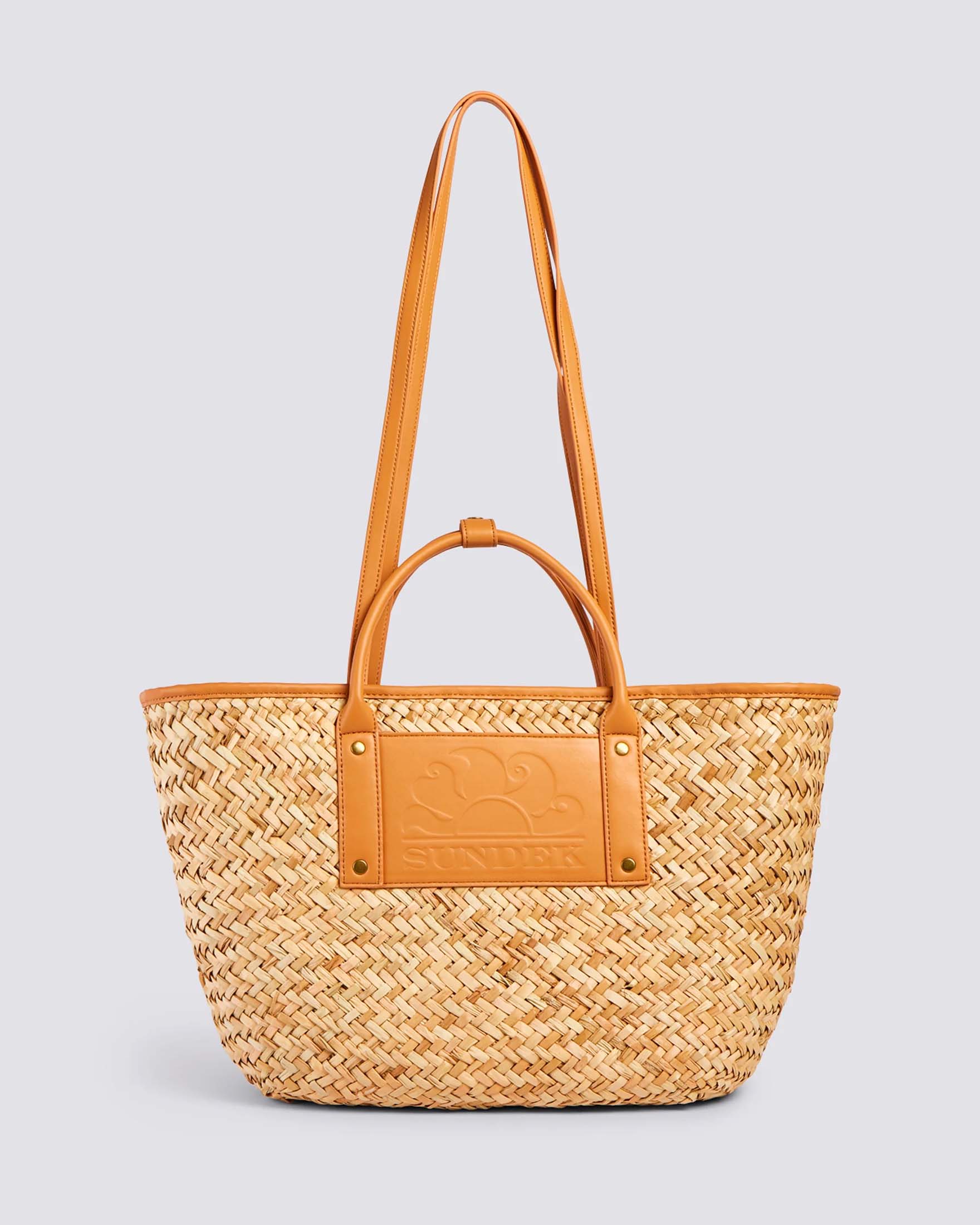 Borsa Sundek in paglia color naturale con inserto logato e profili in similpelle color cuoio