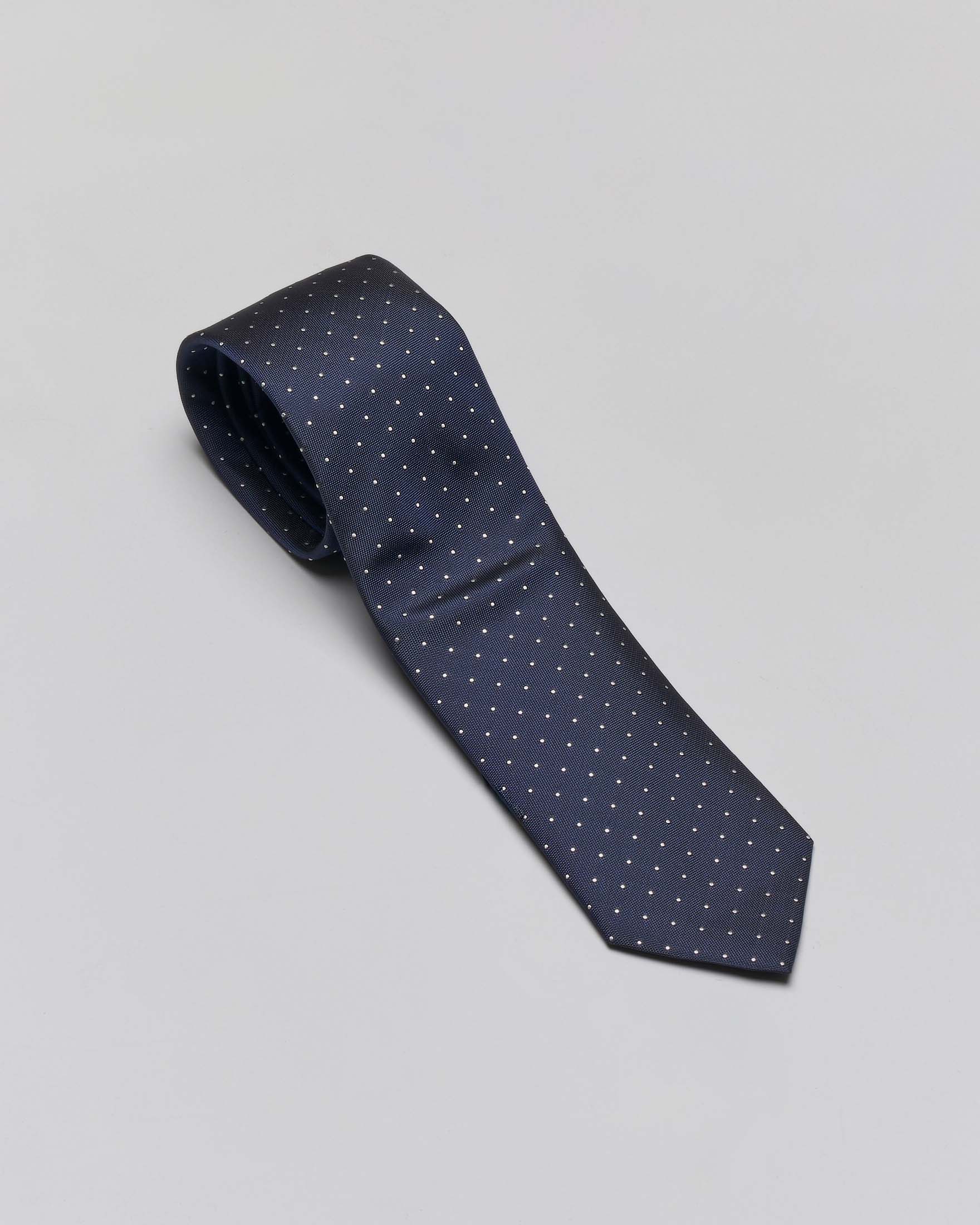 Cravatta blu in misto seta con motivo a pois