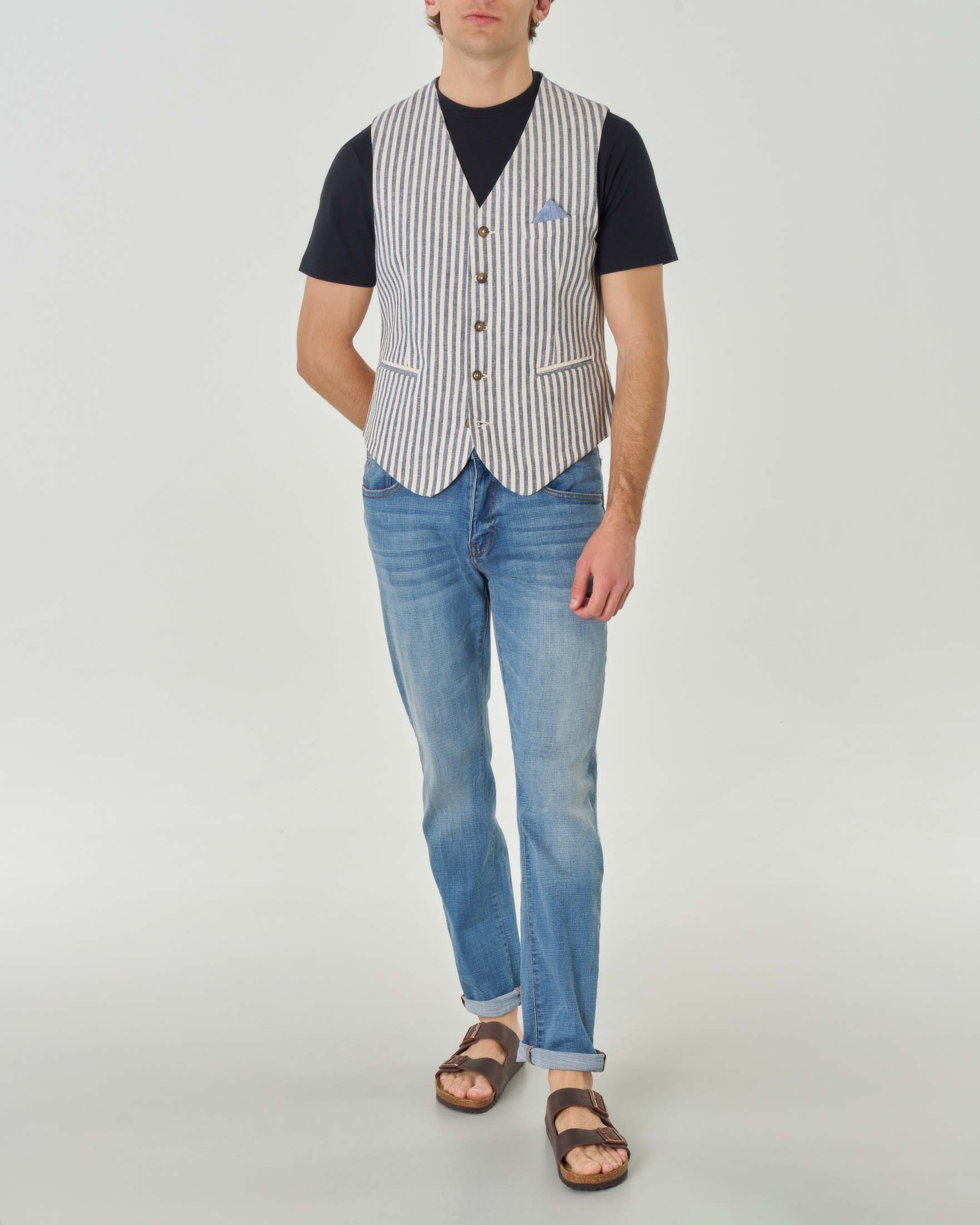 Gilet in misto lino e cotone a righe panna e blu