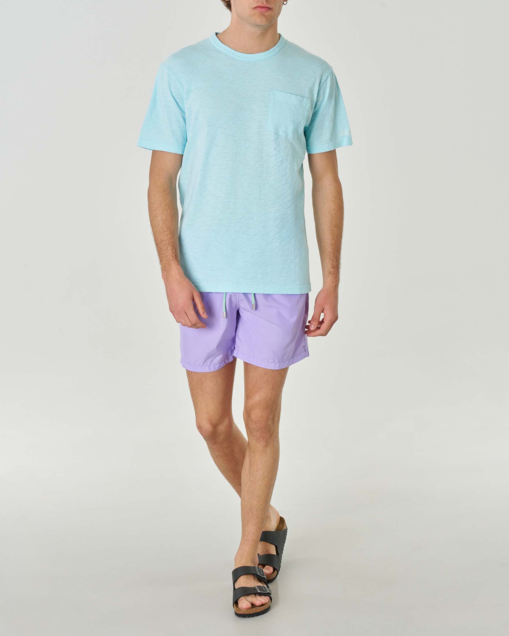 T-shirt azzurra MC2 Saint Barth mezza manica in puro cotone fiammato con taschino sul petto