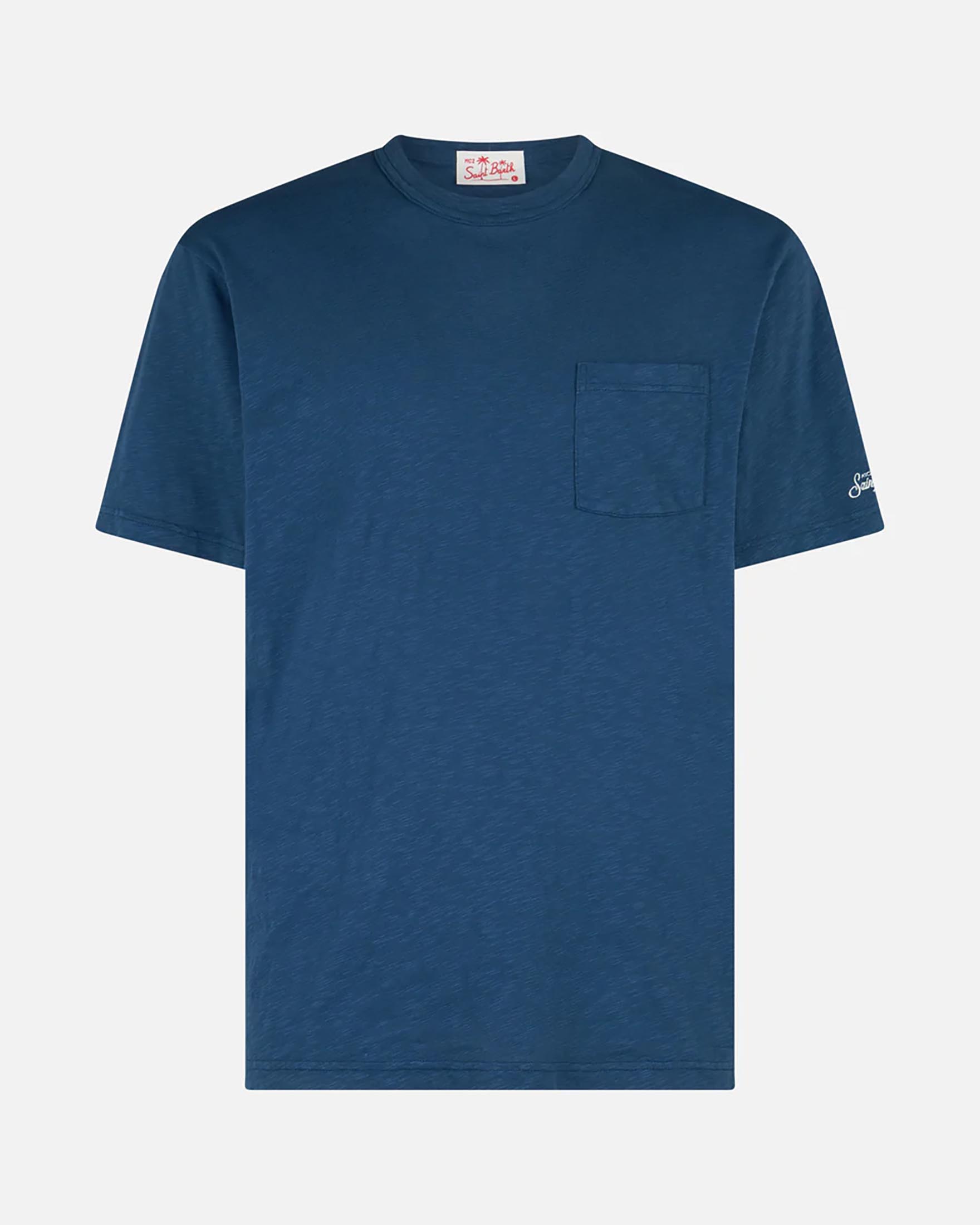 T-shirt blu mezza manica in puro cotone fiammato con taschino sul petto