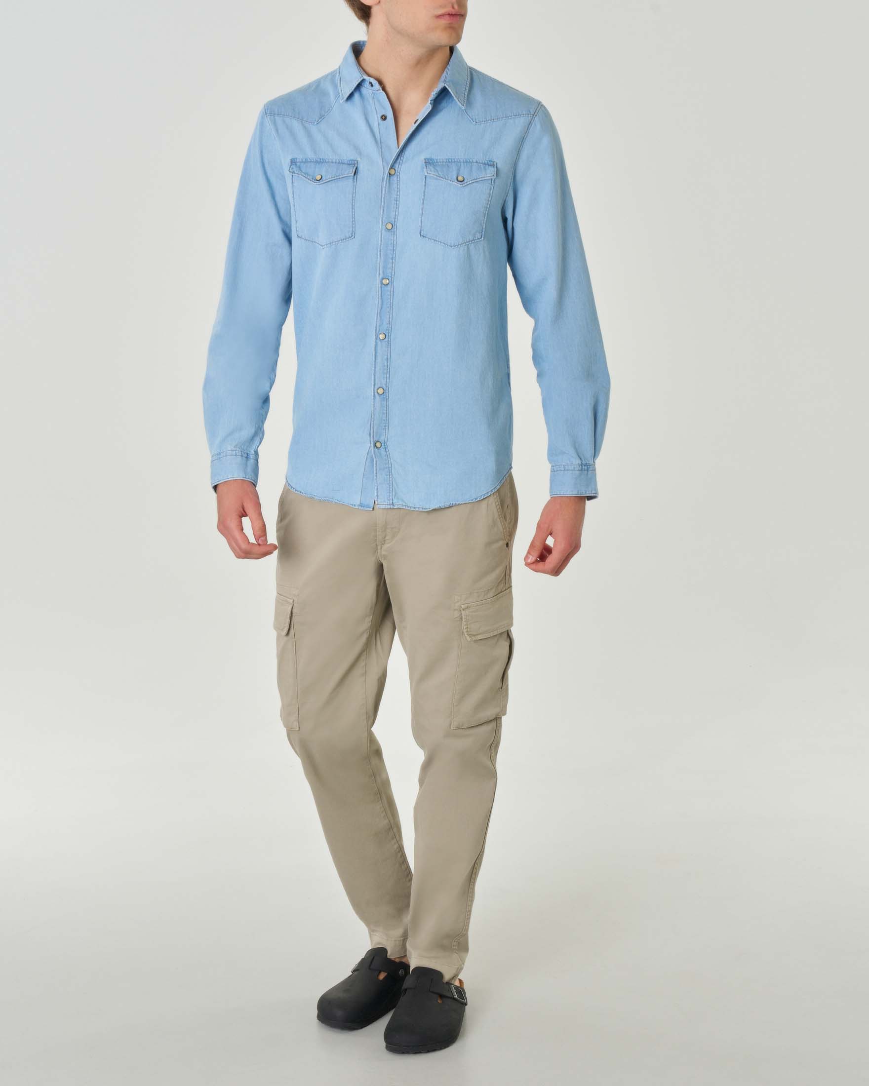 Camicia western in denim di puro cotone lavaggio bleach washed