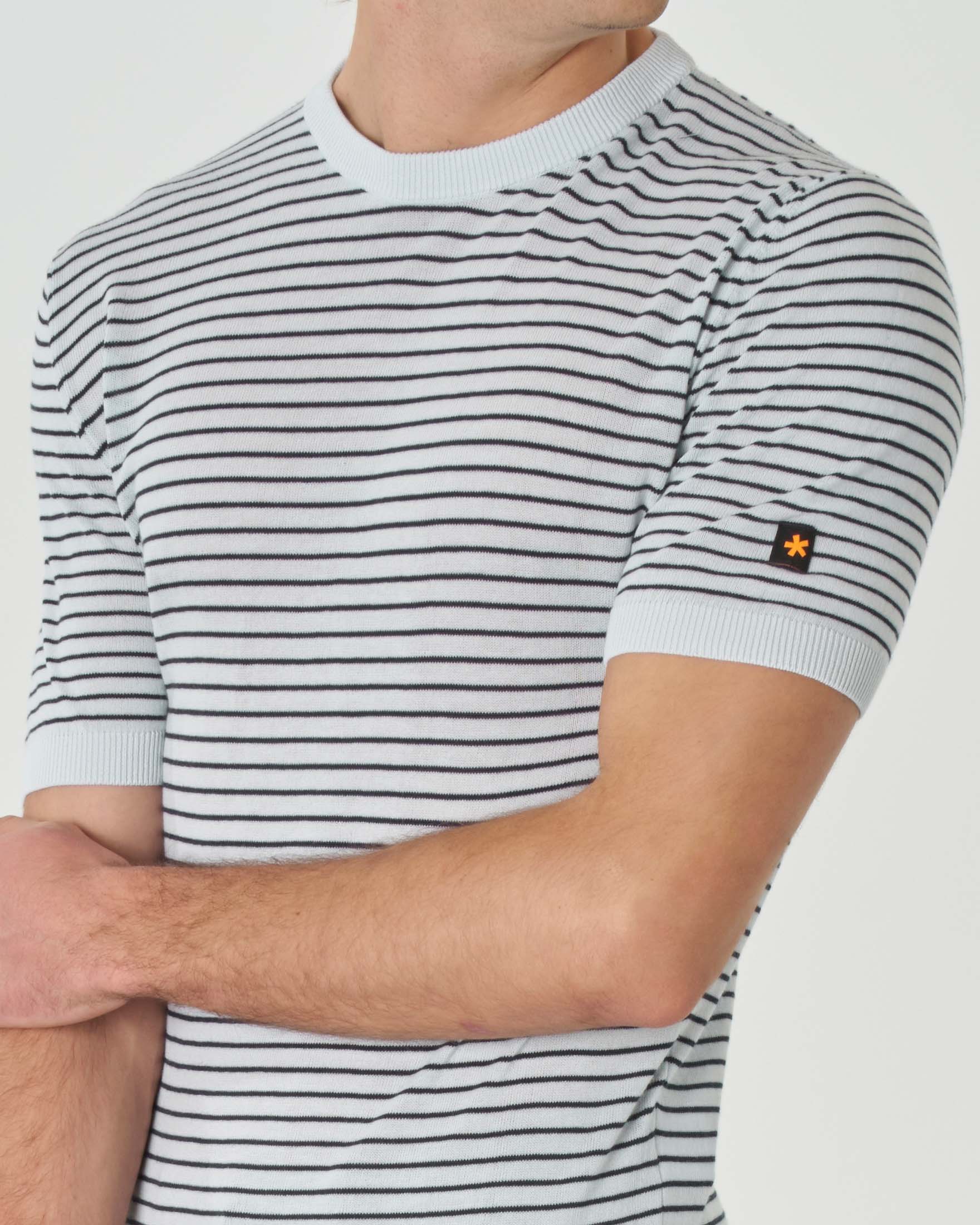 Maglia mezza manica grigia in puro cotone a righine blu image