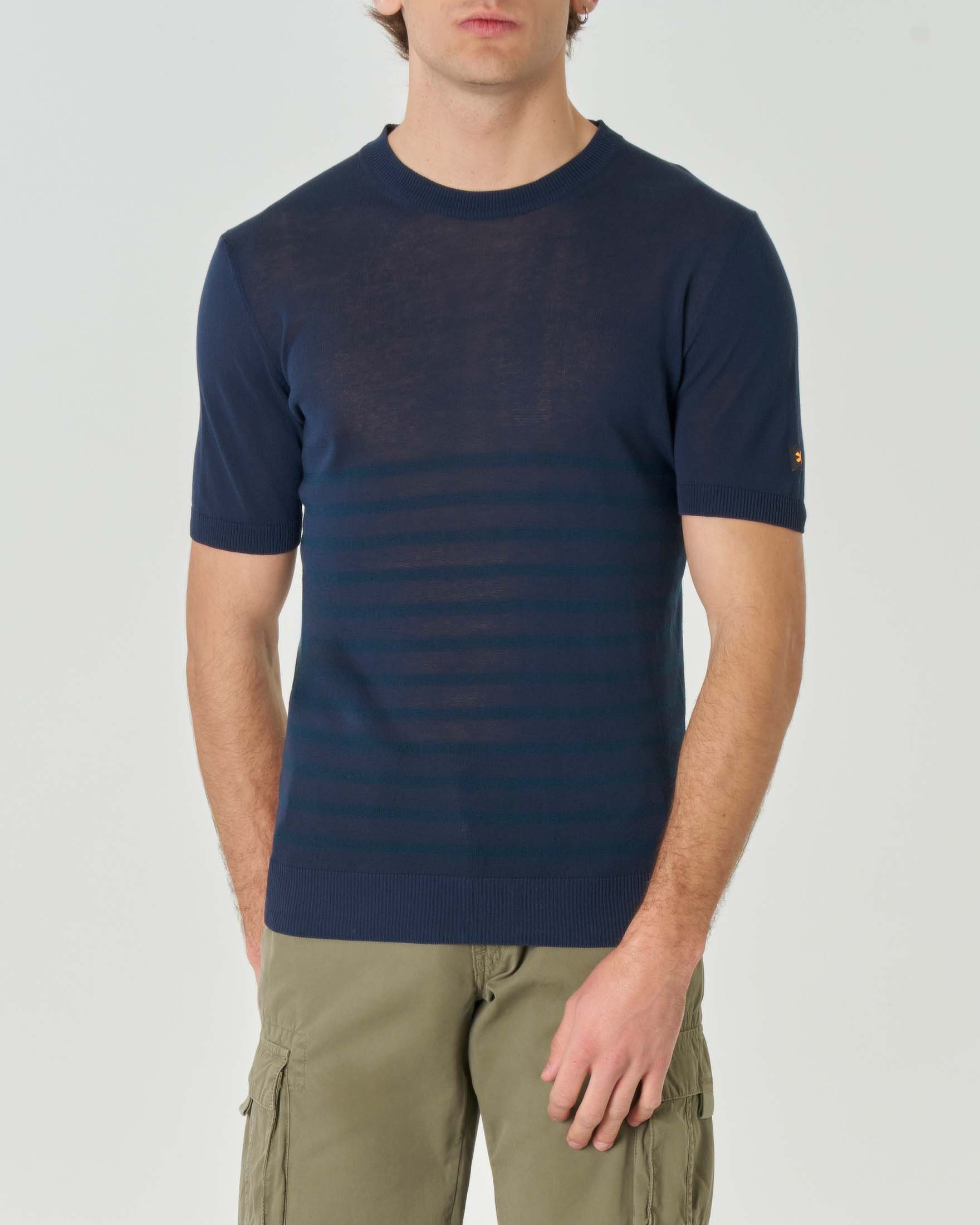 Maglia mezza manica blu in puro cotone con fantasia a righe tono su tono