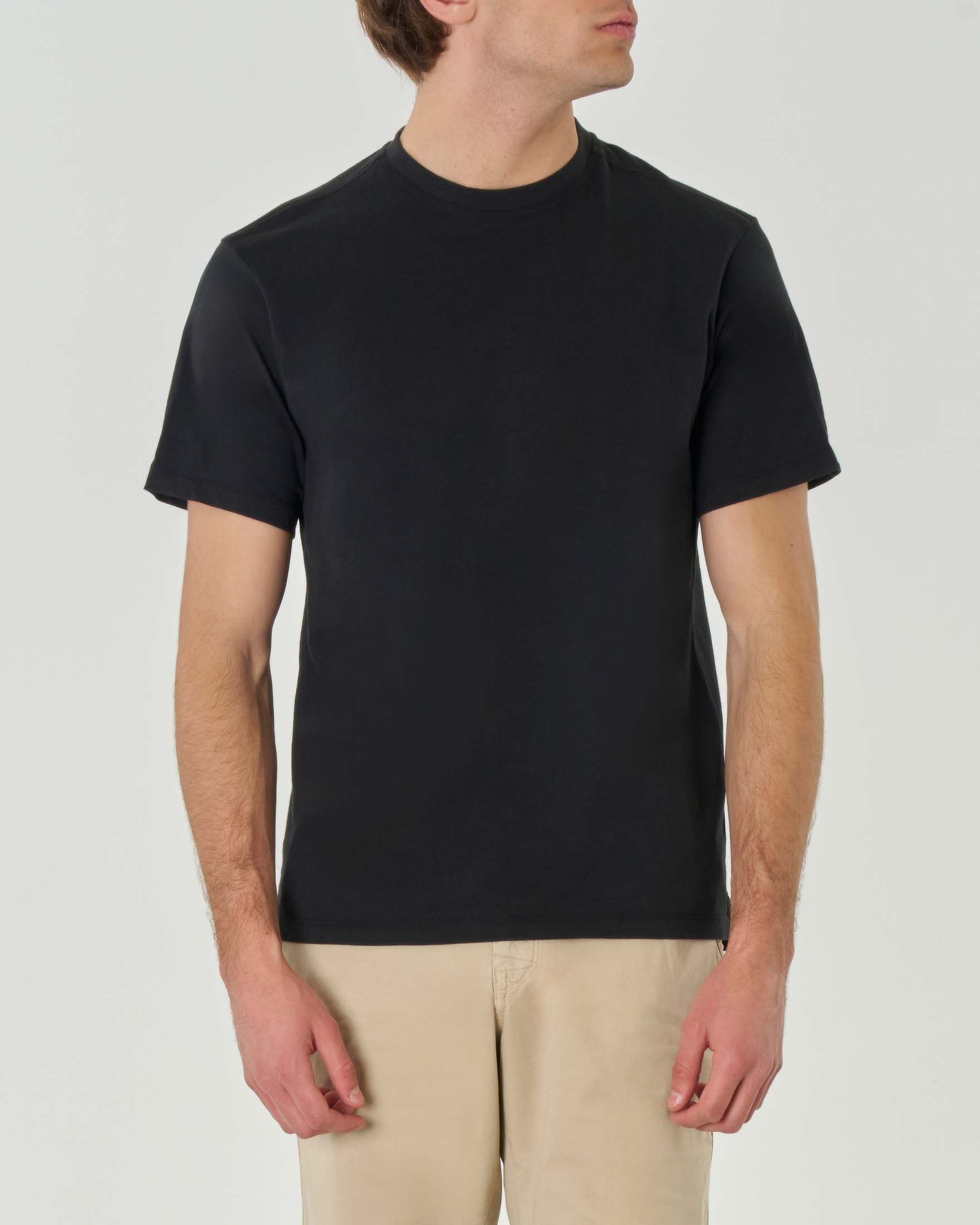 T-shirt nera mezza manica in jersey di cotone fiammato