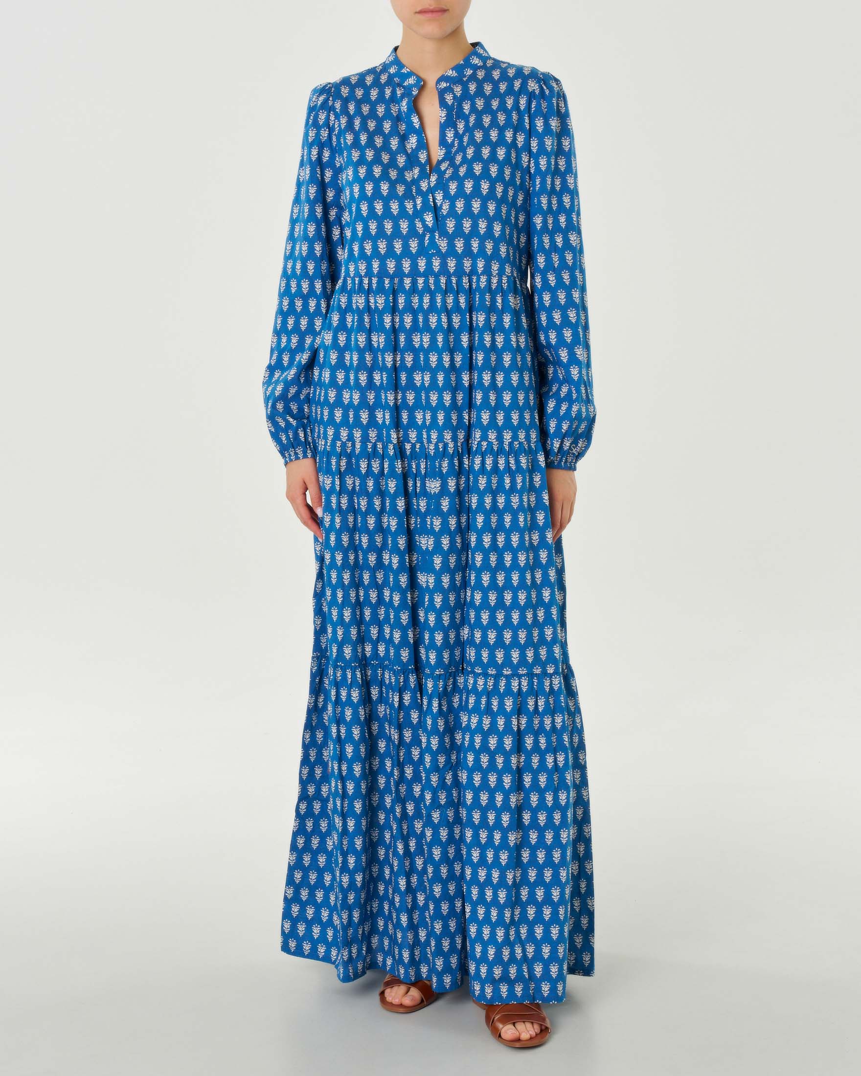 Abito lungo MC2 Saint Barth chemisier blu in puro cotone a fantasia floreale bianca d'ispirazone indiana