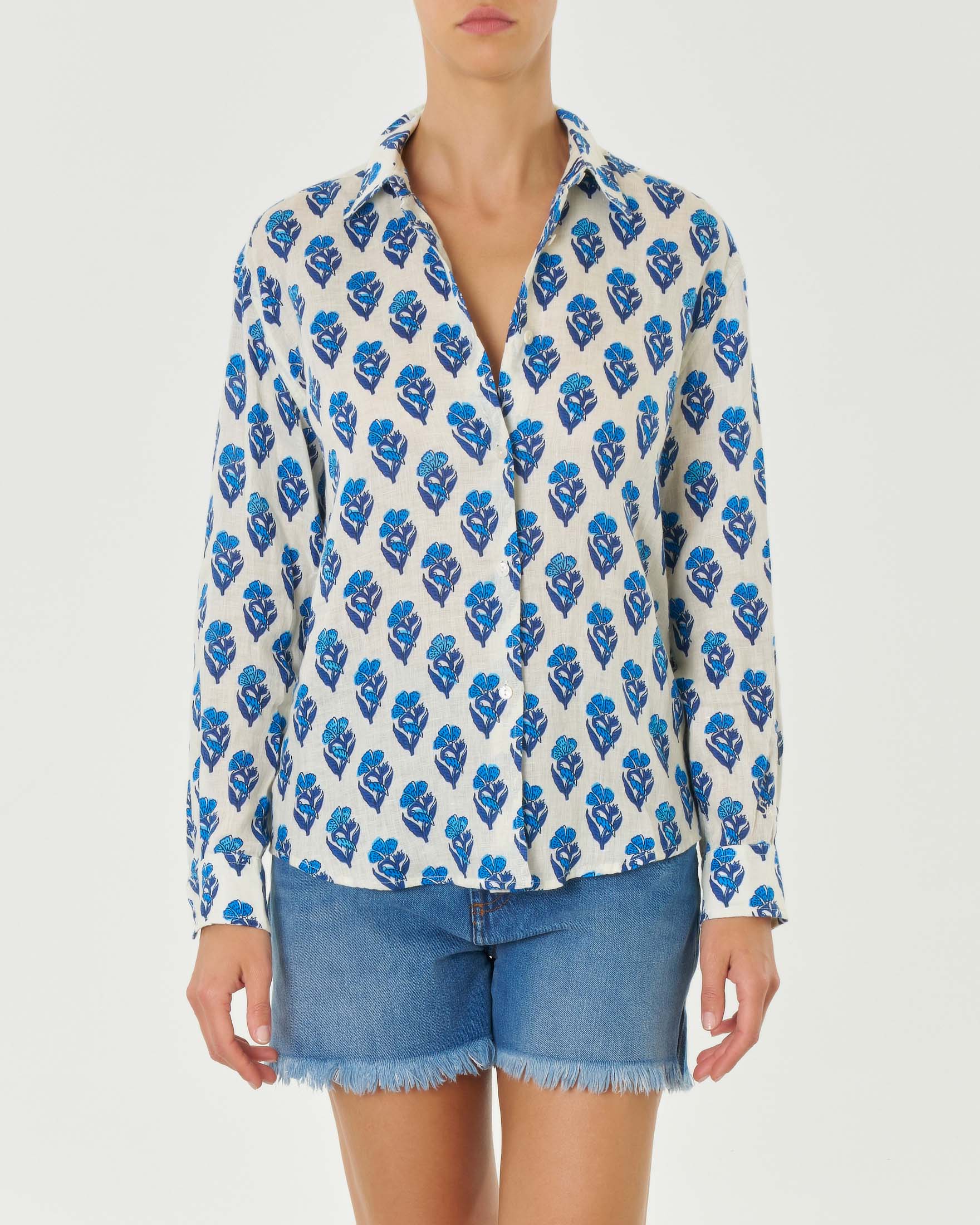 Camicia MC2 Saint Barth color avorio in puro lino a fantasia fiori ginkgo blu con colletto classico