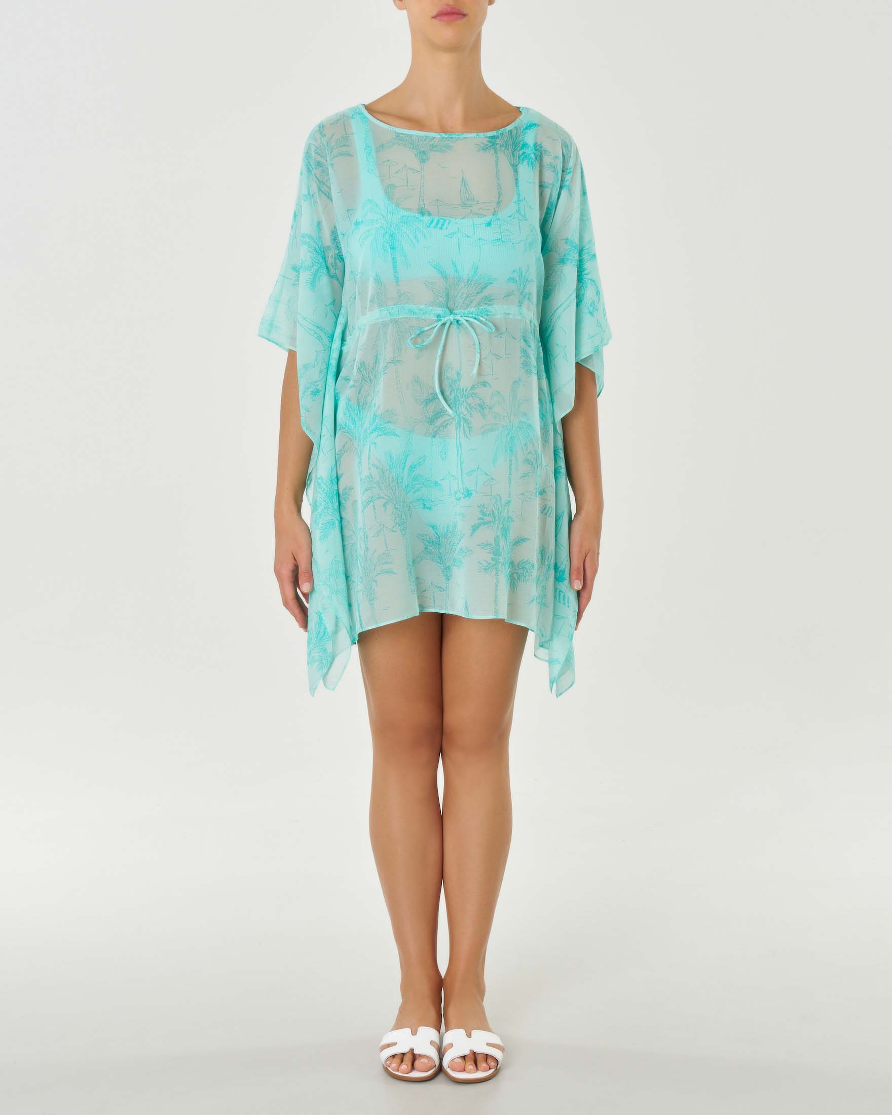 Caftano color acqua a fantasia Saint Barth in cotone e seta con coulisse in vita