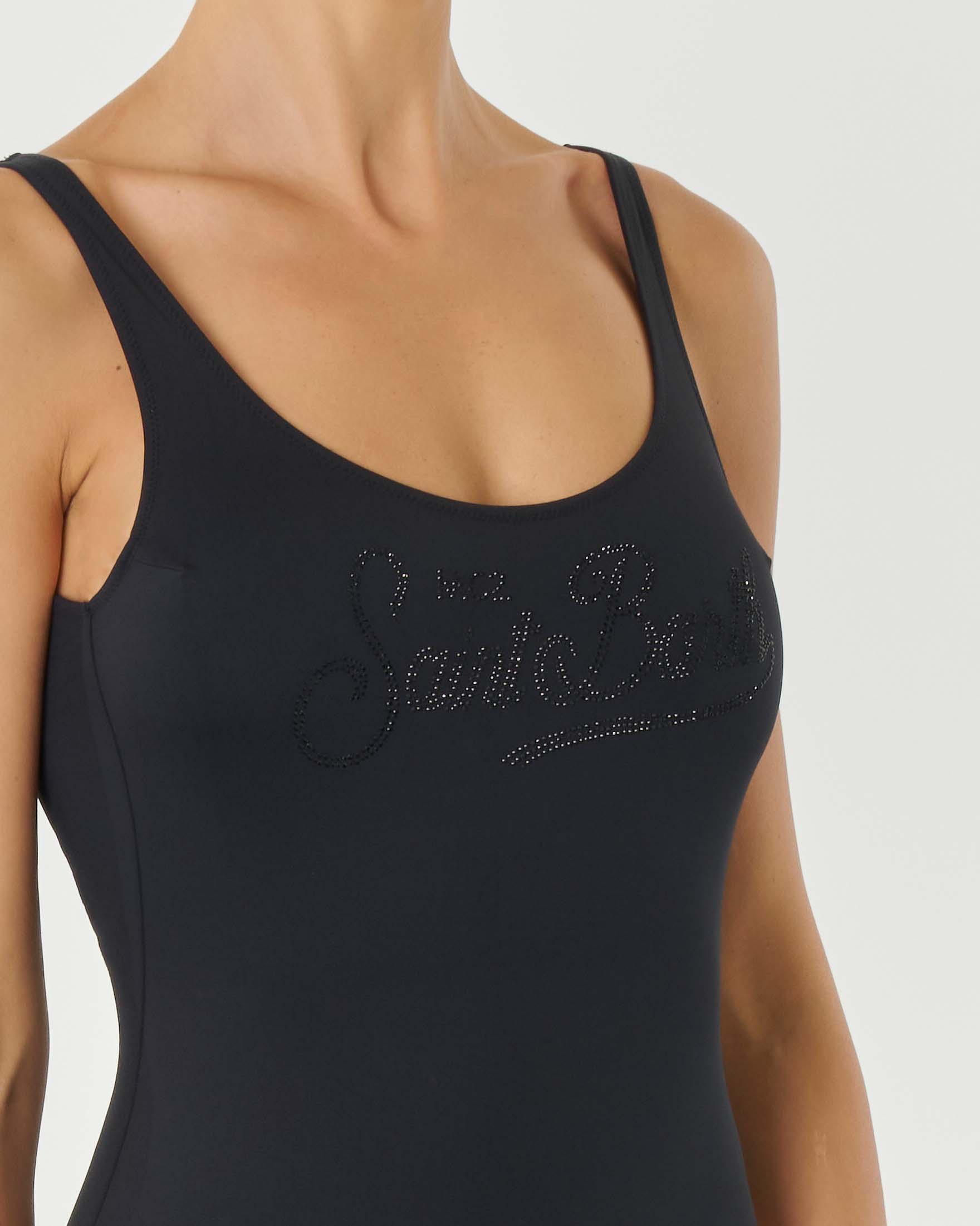 Costume intero MC2 Saint Barth nero in tessuto elasticizzato con logo in strass in tono frontale e schiena scoperta image