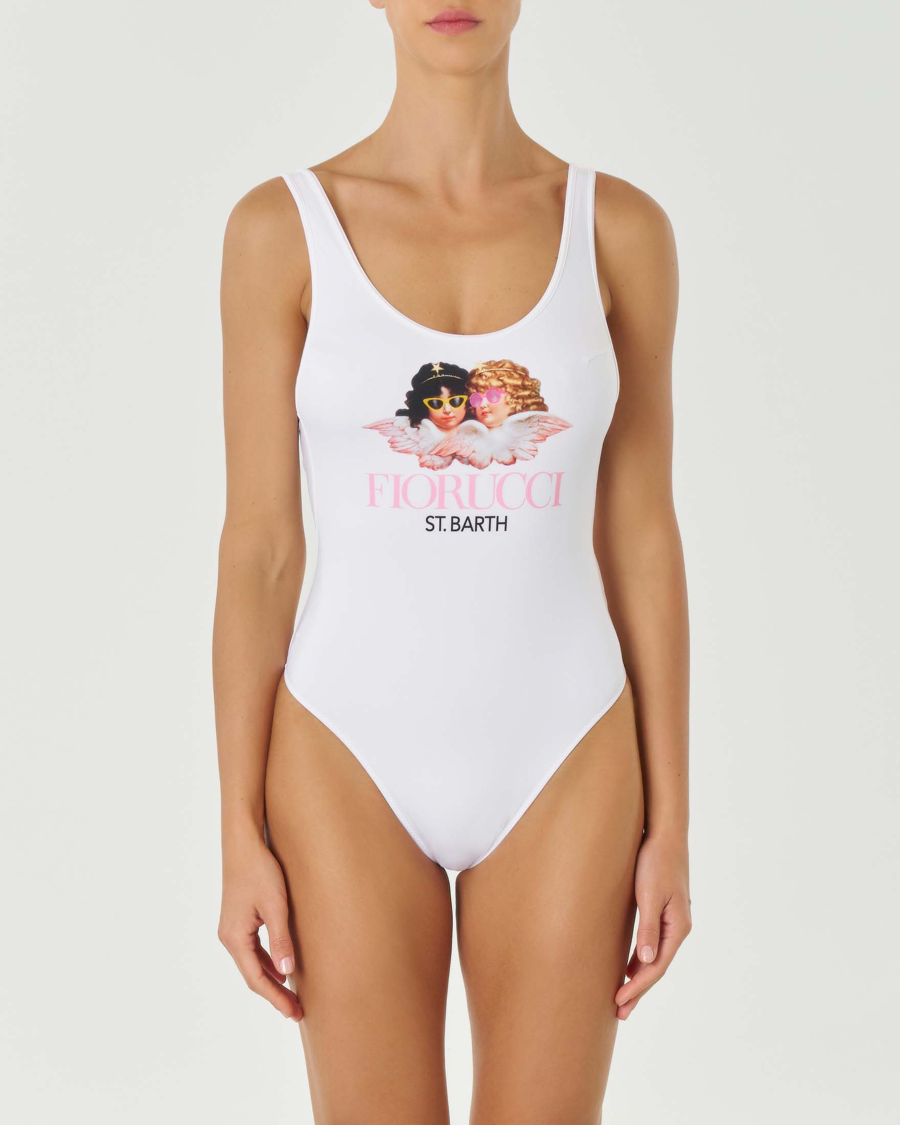 Costume intero MC2 Saint Barth bianco in tessuto elasticizzato con stampa Fiorucci frontale e schiena scoperta