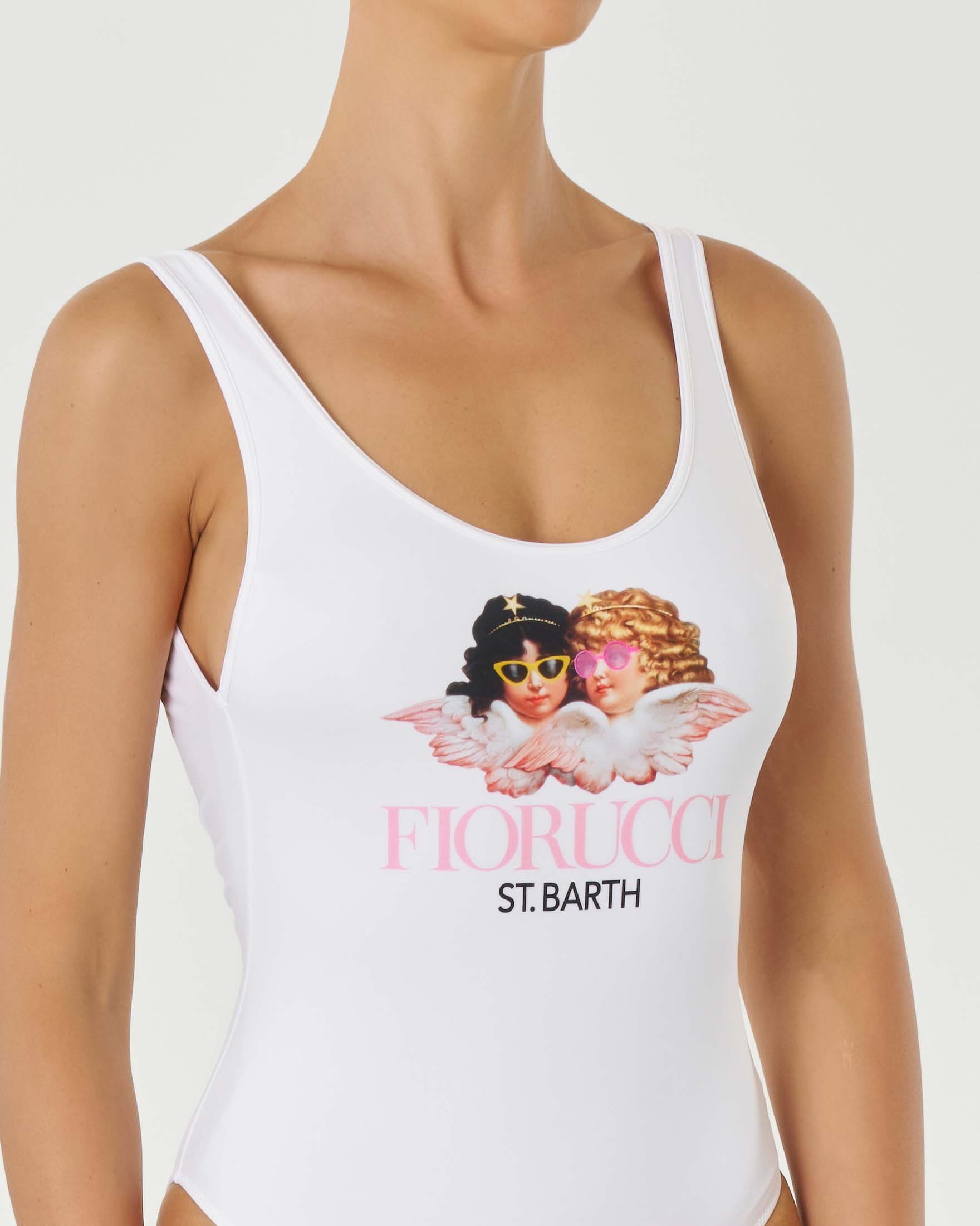 Costume intero MC2 Saint Barth bianco in tessuto elasticizzato con stampa Fiorucci frontale e schiena scoperta image