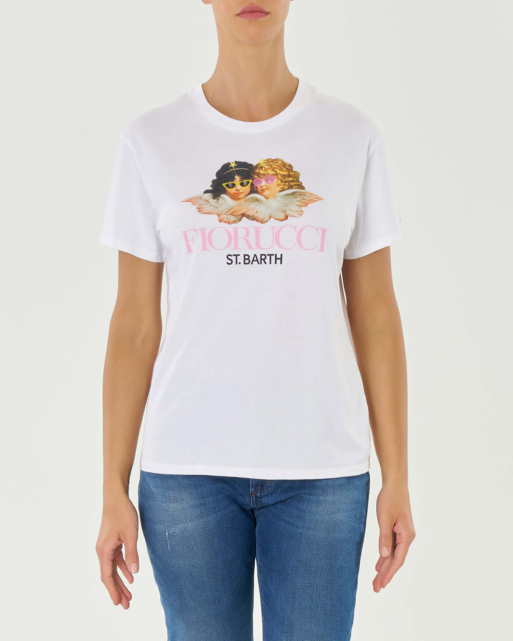 T shirt bianca in puro cotone vestibilita regular con stampa Fiorucci frontale
