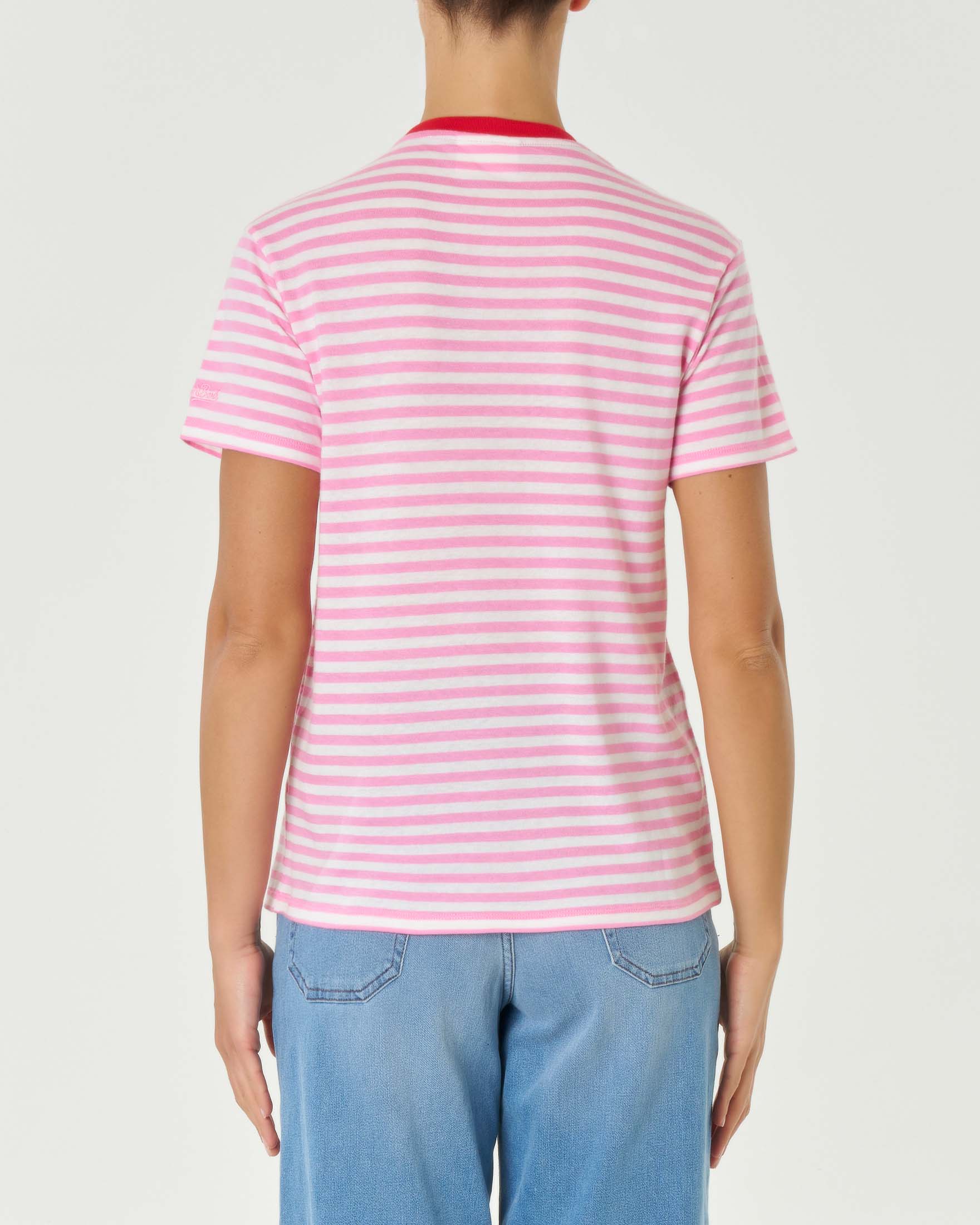 T shirt a righe bianche e rosa in puro cotone con maxi scritta rossa ricamata sul