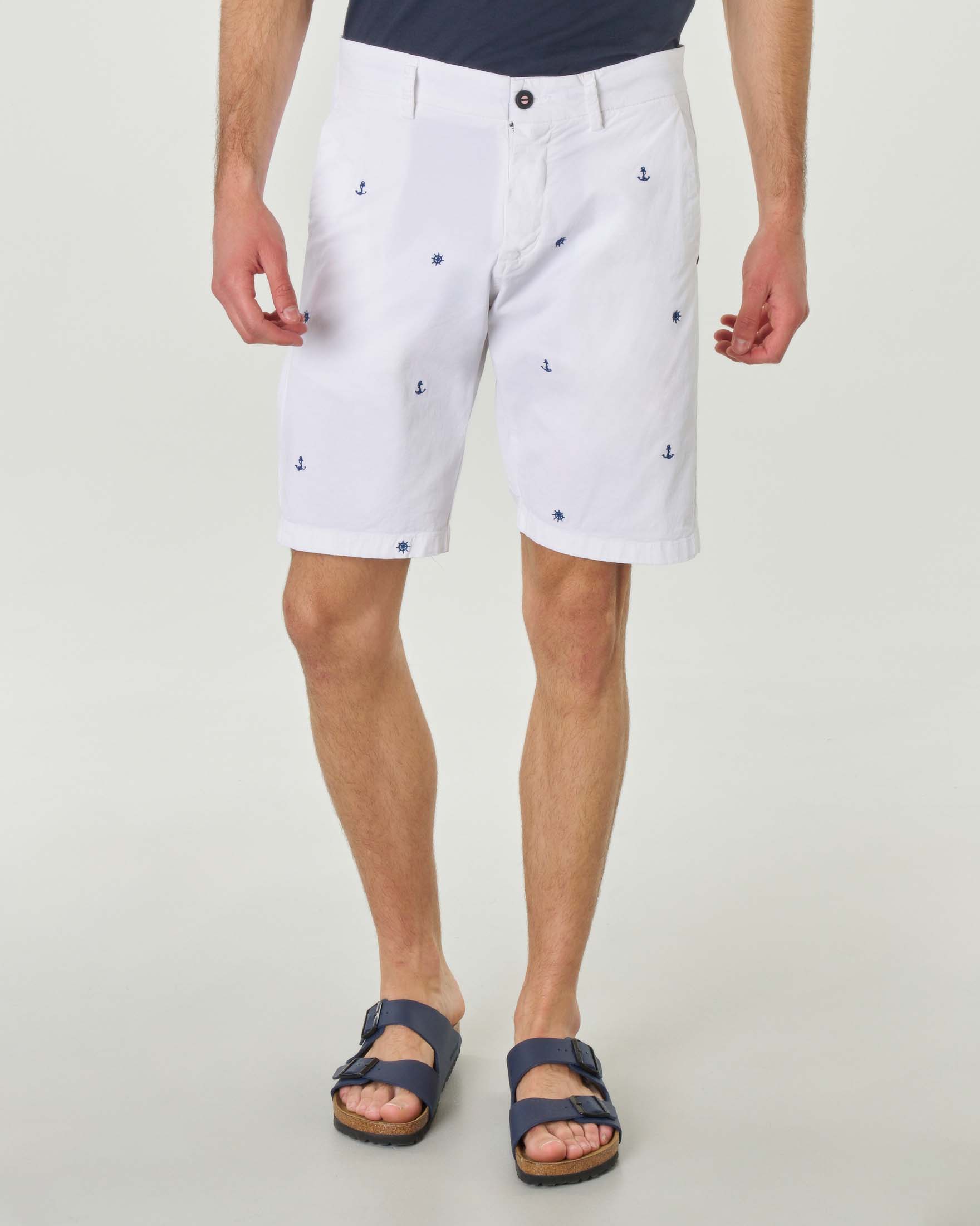 Bermuda chino bianco in cotone stretch con ricami mare jacquard