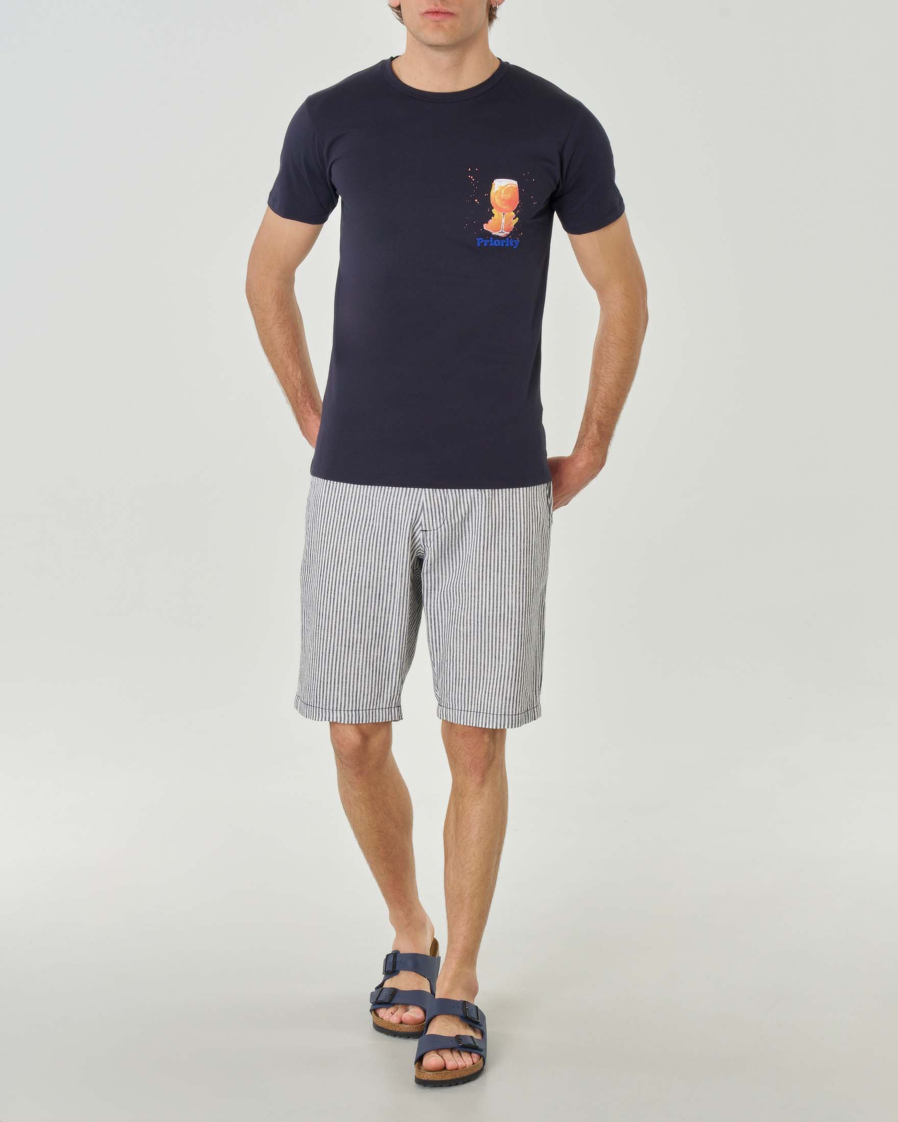 T-shirt blu girocollo in puro cotone con stampa Spritz e logo blu royal ricamato sul petto