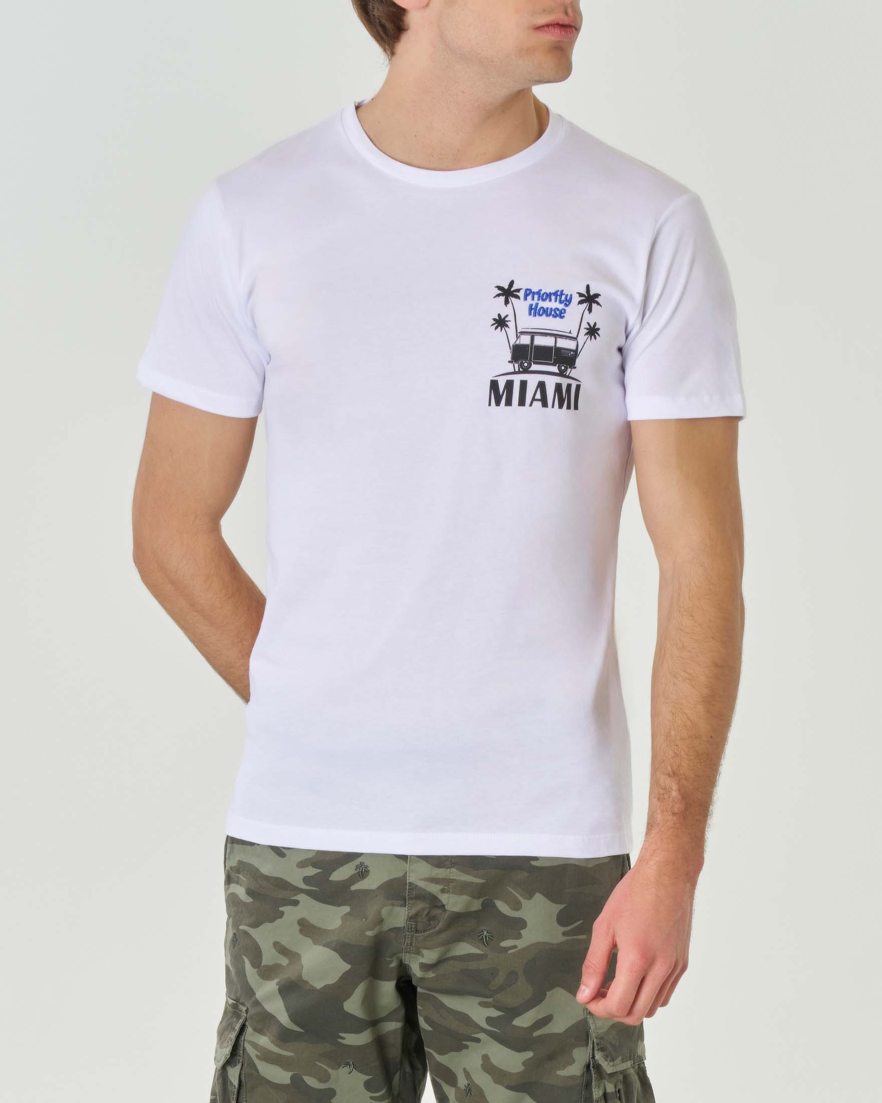 T-shirt bianca girocollo in puro cotone con stampa Miami e logo blu royal ricamato sul petto