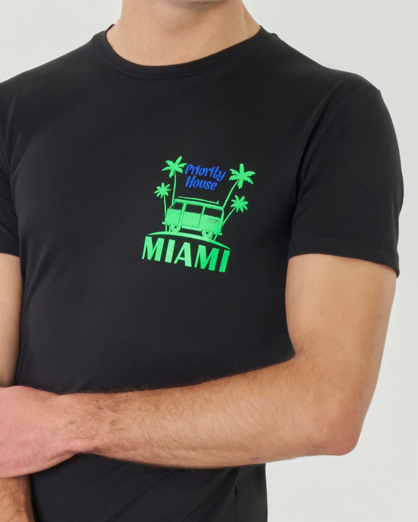 T-shirt nera girocollo in puro cotone con stampa Miami fluo e logo blu royal ricamato sul petto image