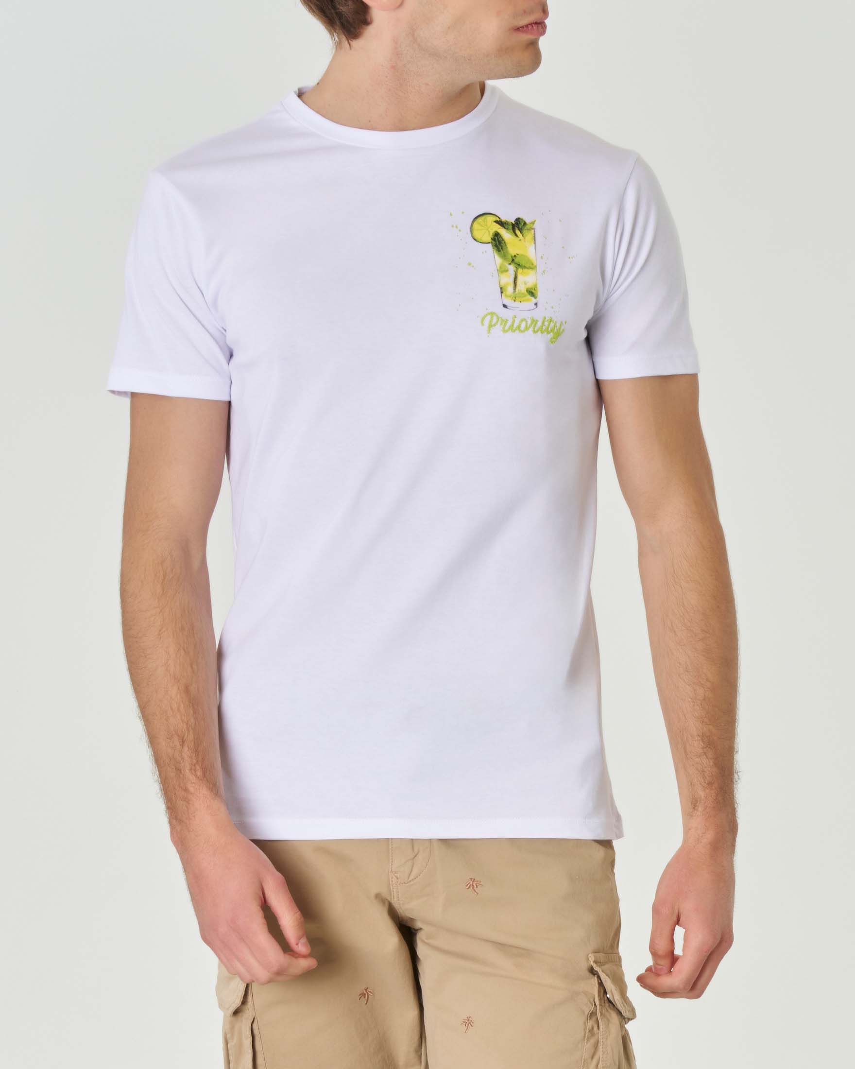 T-shirt bianca girocollo in puro cotone con stampa Mojito sul petto