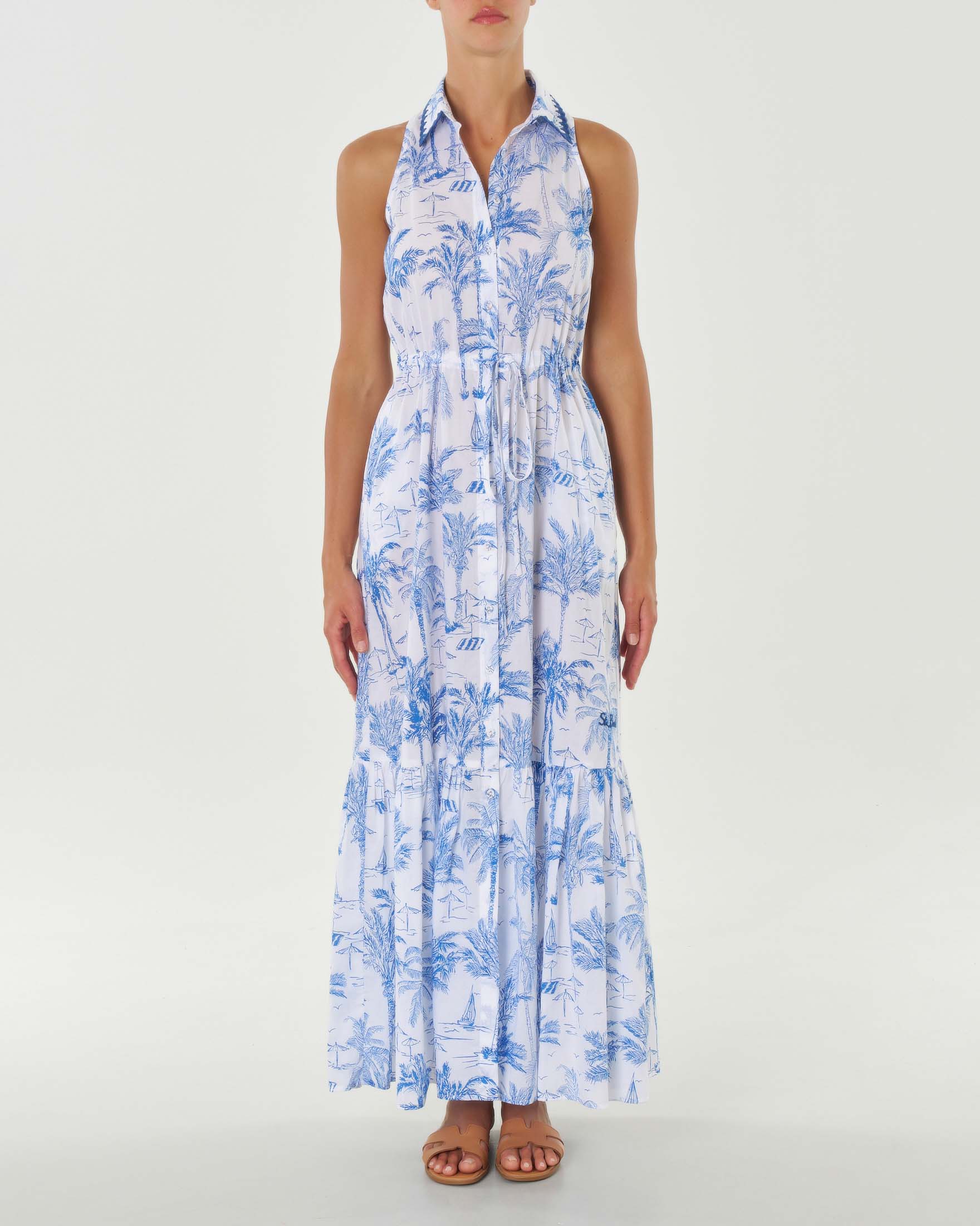 Abito lungo bianco chemisier smanicato in mussola di cotone a