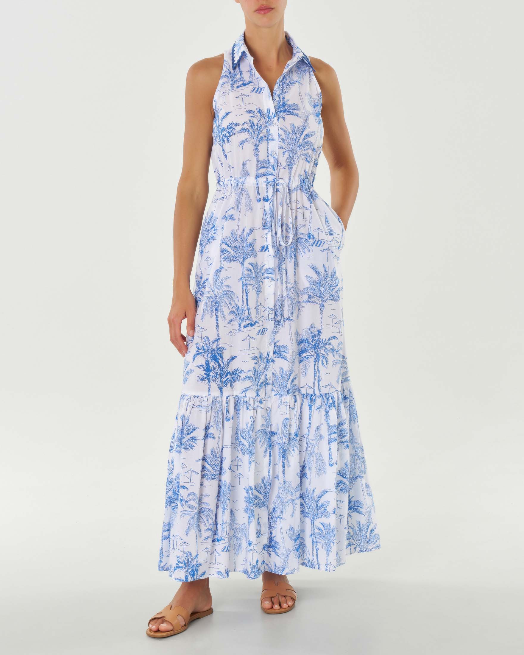 Abito lungo bianco chemisier smanicato in mussola di cotone a fantasia Saint Barth blu image