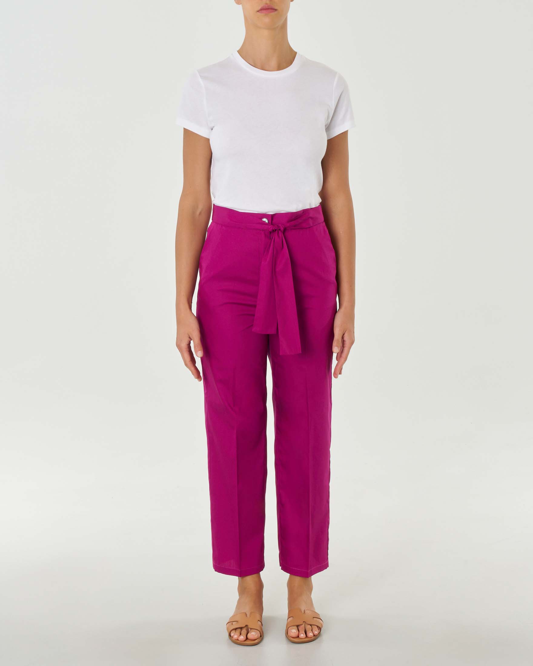 Pantaloni color ciclamino straight in cotone con cintura in vita
