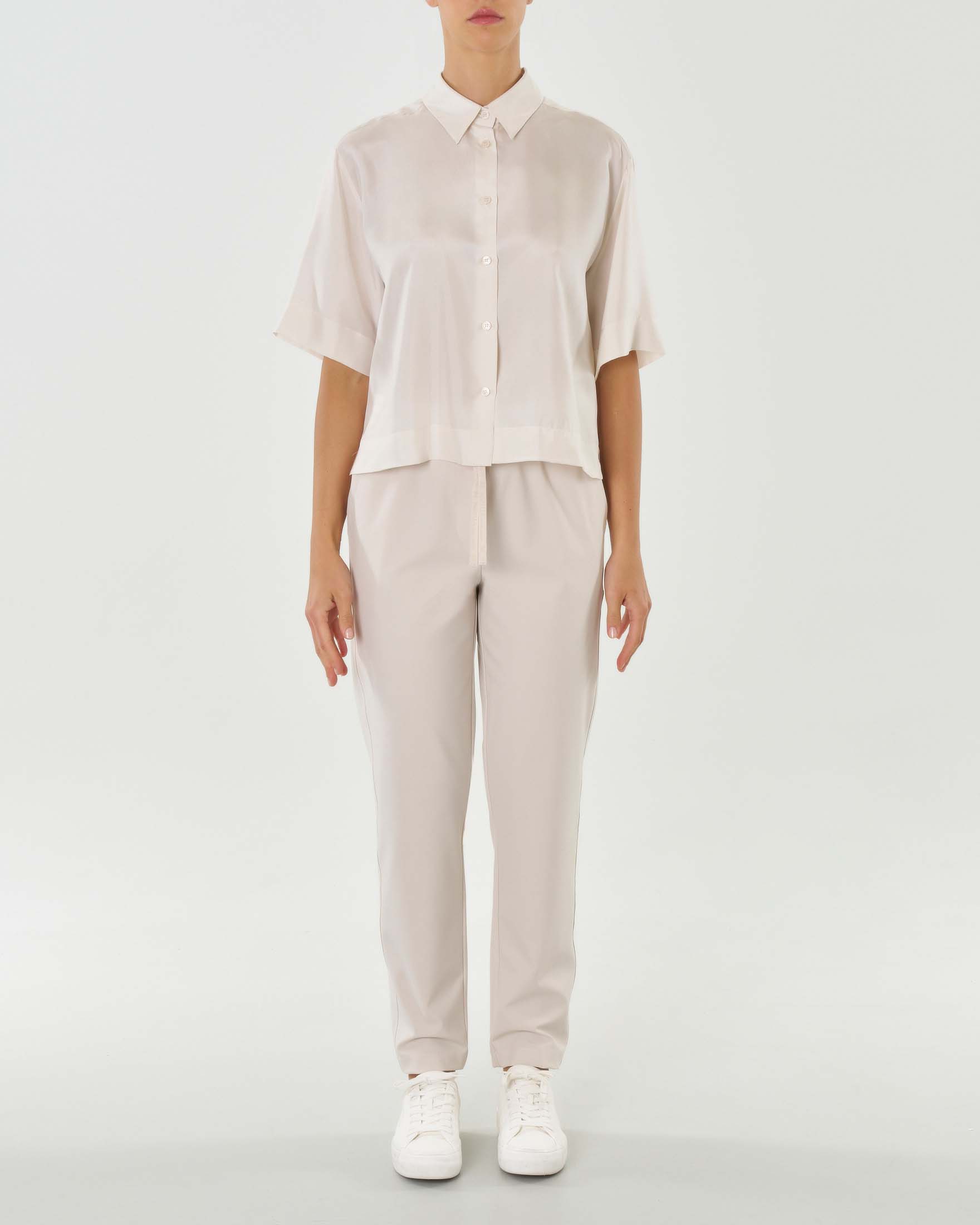 Pantaloni color gesso in tela di misto viscosa con elastico e coulisse inseriti in vita Linea MONOCHROME