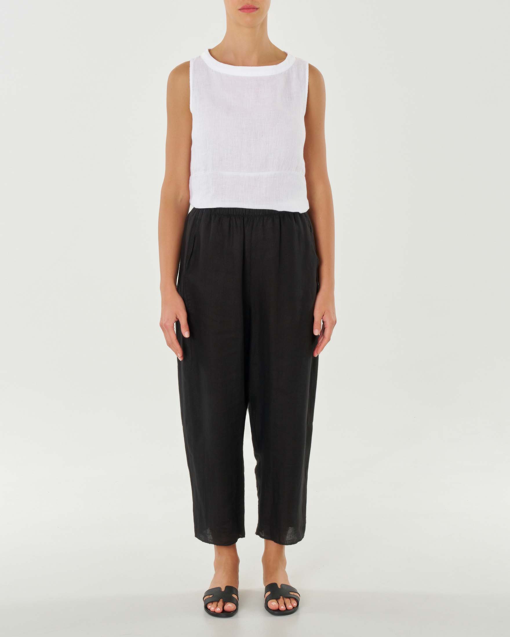 Pantaloni neri in puro lino dalla linea wide con elastico inserito in vita