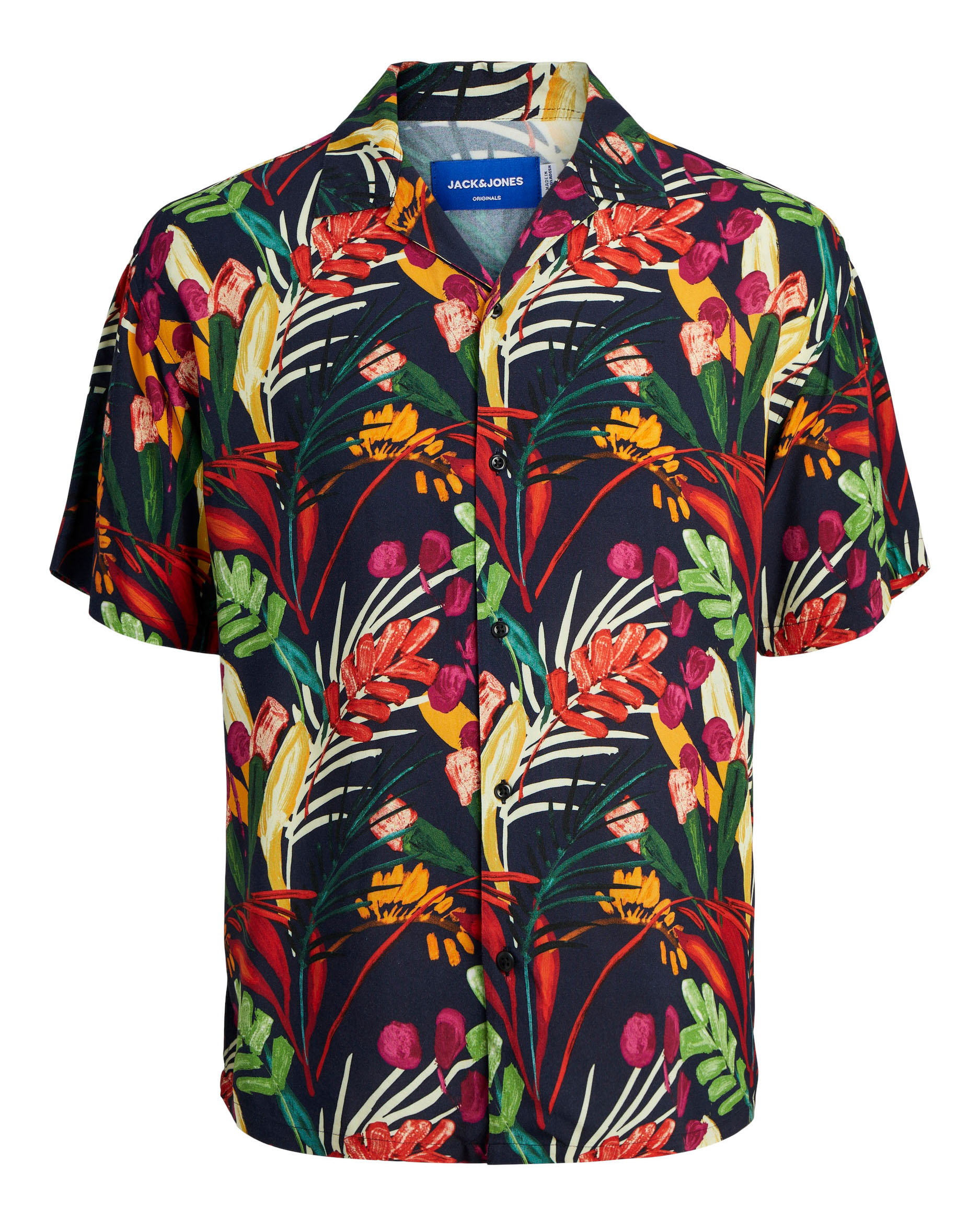 Camicia bowling blu in viscosa con fantasia floreale multicolor