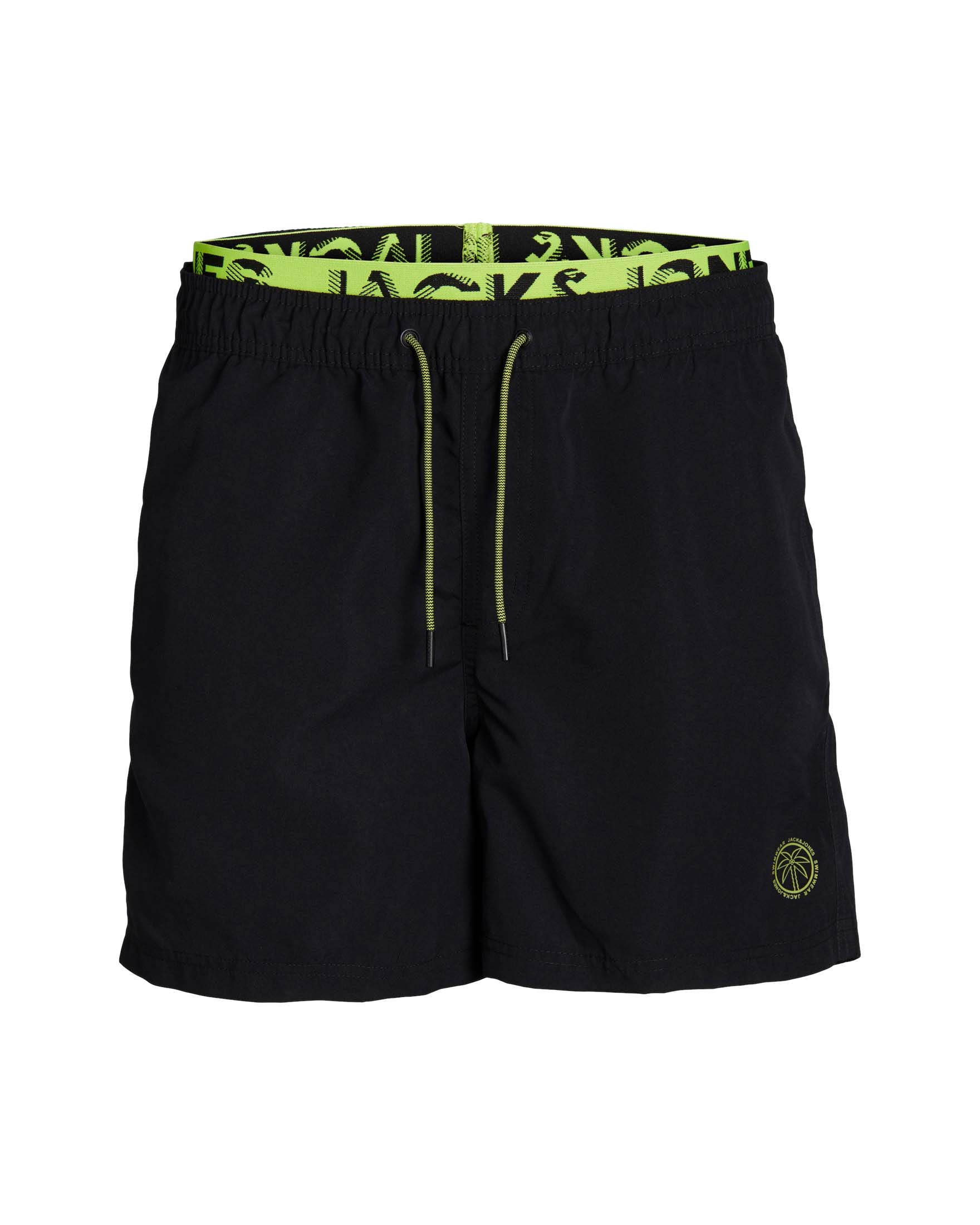 Boxer mare nero con elastico giallo fluo e logo bollo piccolo con palma