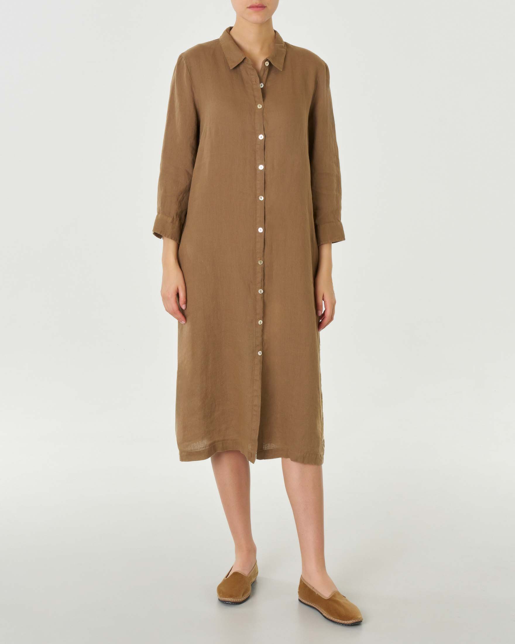 Abito chemisier midi in lino color cappuccino con maniche tre quarti