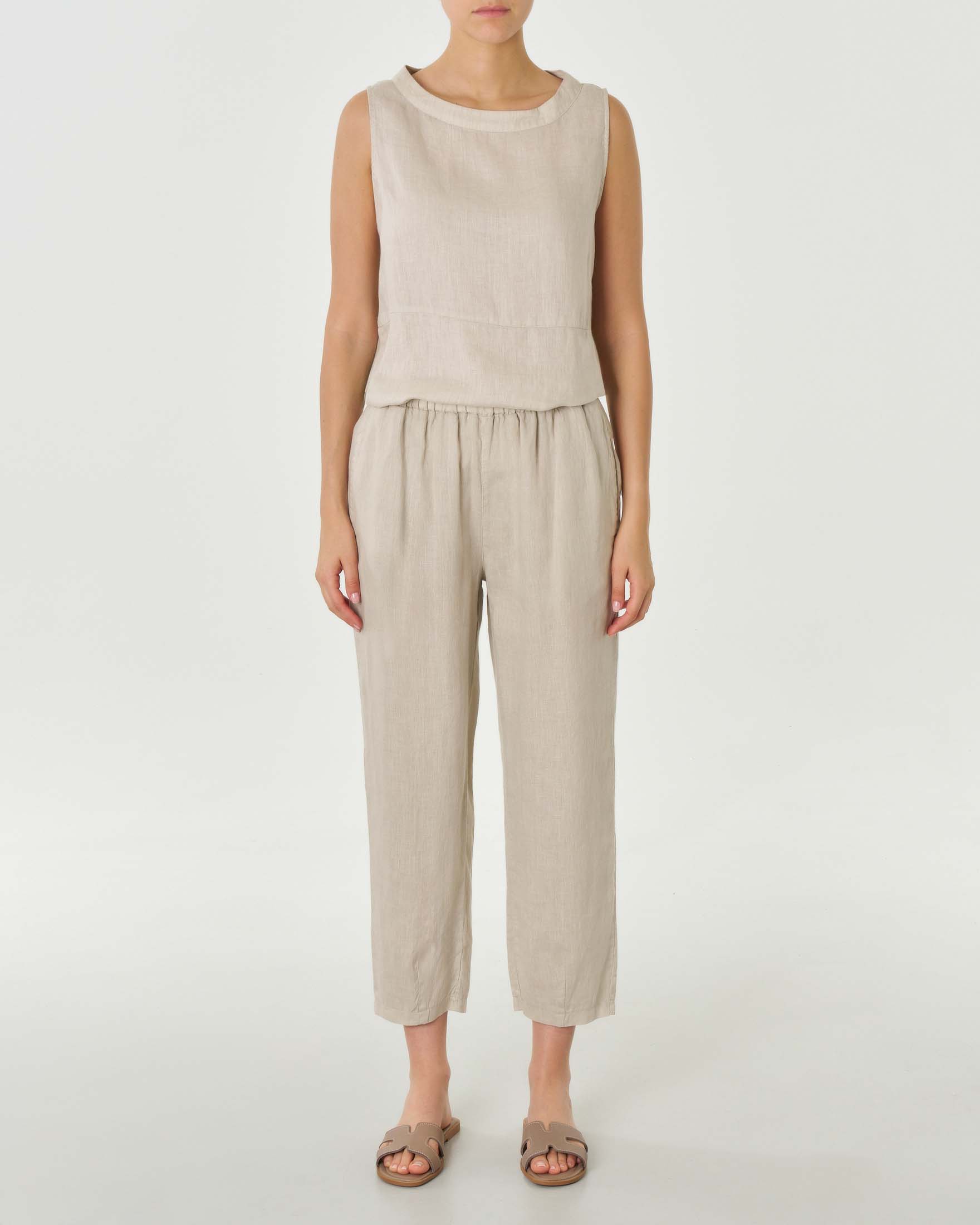 Pantaloni beige in lino a gamba dritta dal taglio cropped con coulisse interna