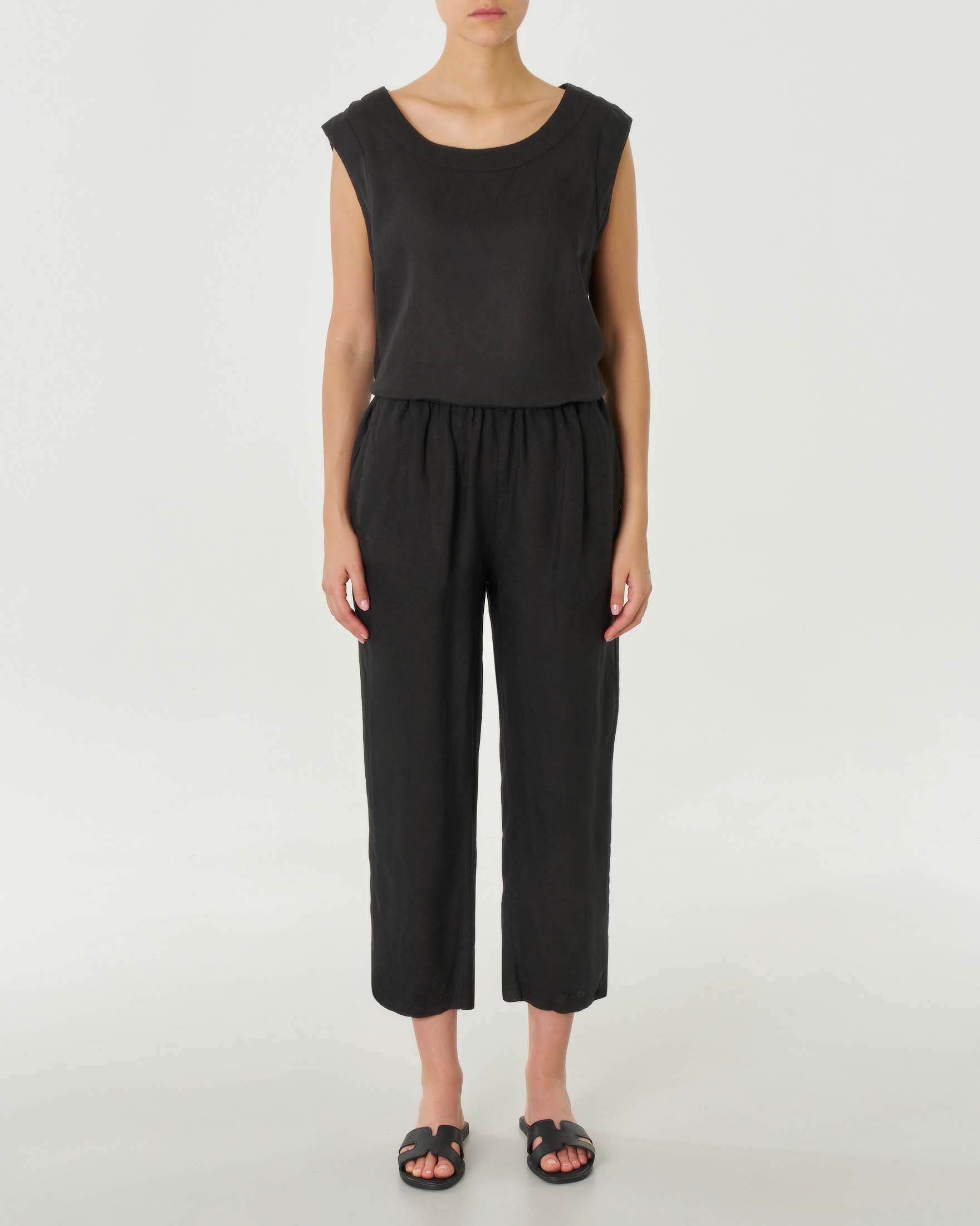 Pantaloni neri in lino a gamba dritta dal taglio cropped con coulisse interna