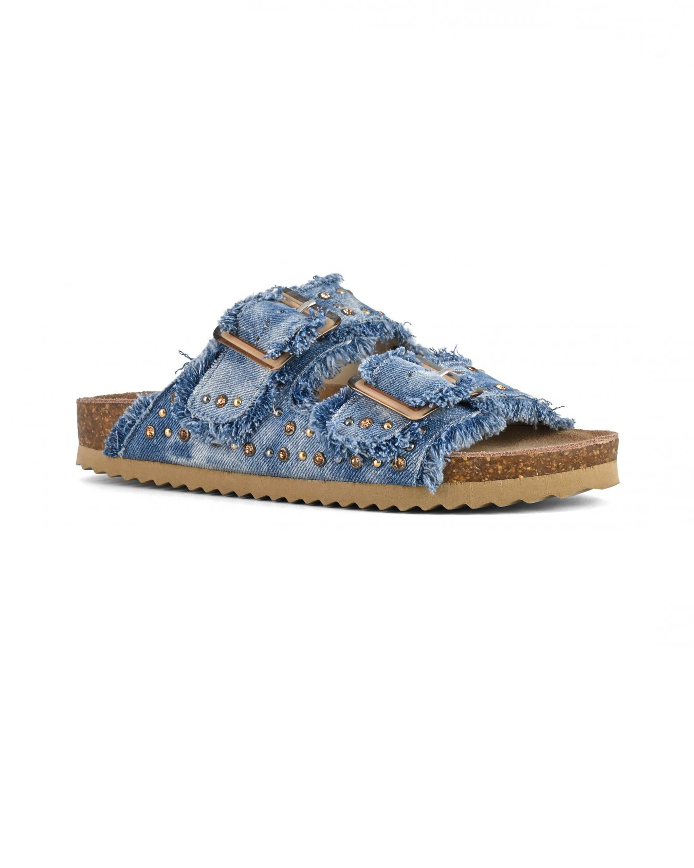 Sandali blu in denim di cotone con doppia fascetta e borchie in metallo e strass applicati