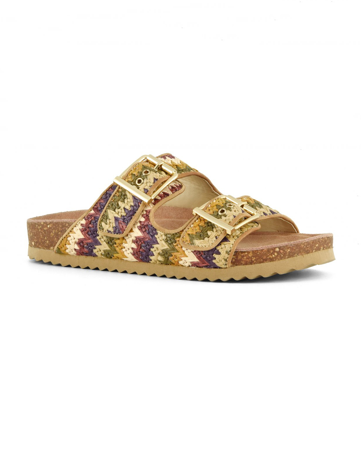 Sandali color cammello in raffia intrecciata multicolore a doppia fascetta
