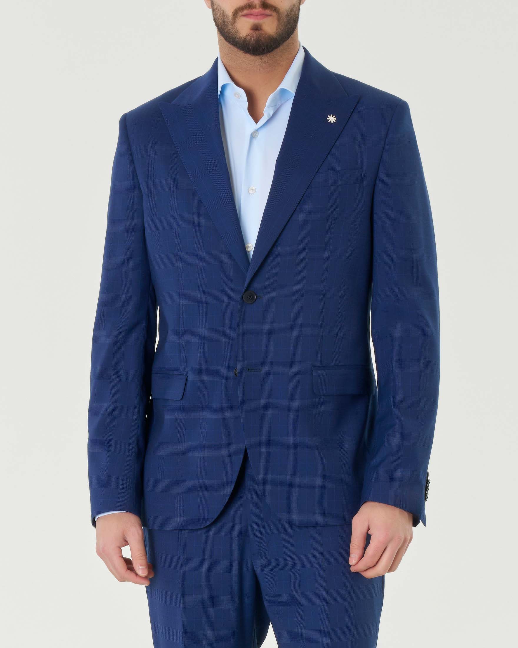 Abito blu indaco in misto viscosa stretch principe di Galles con rever a lancia image