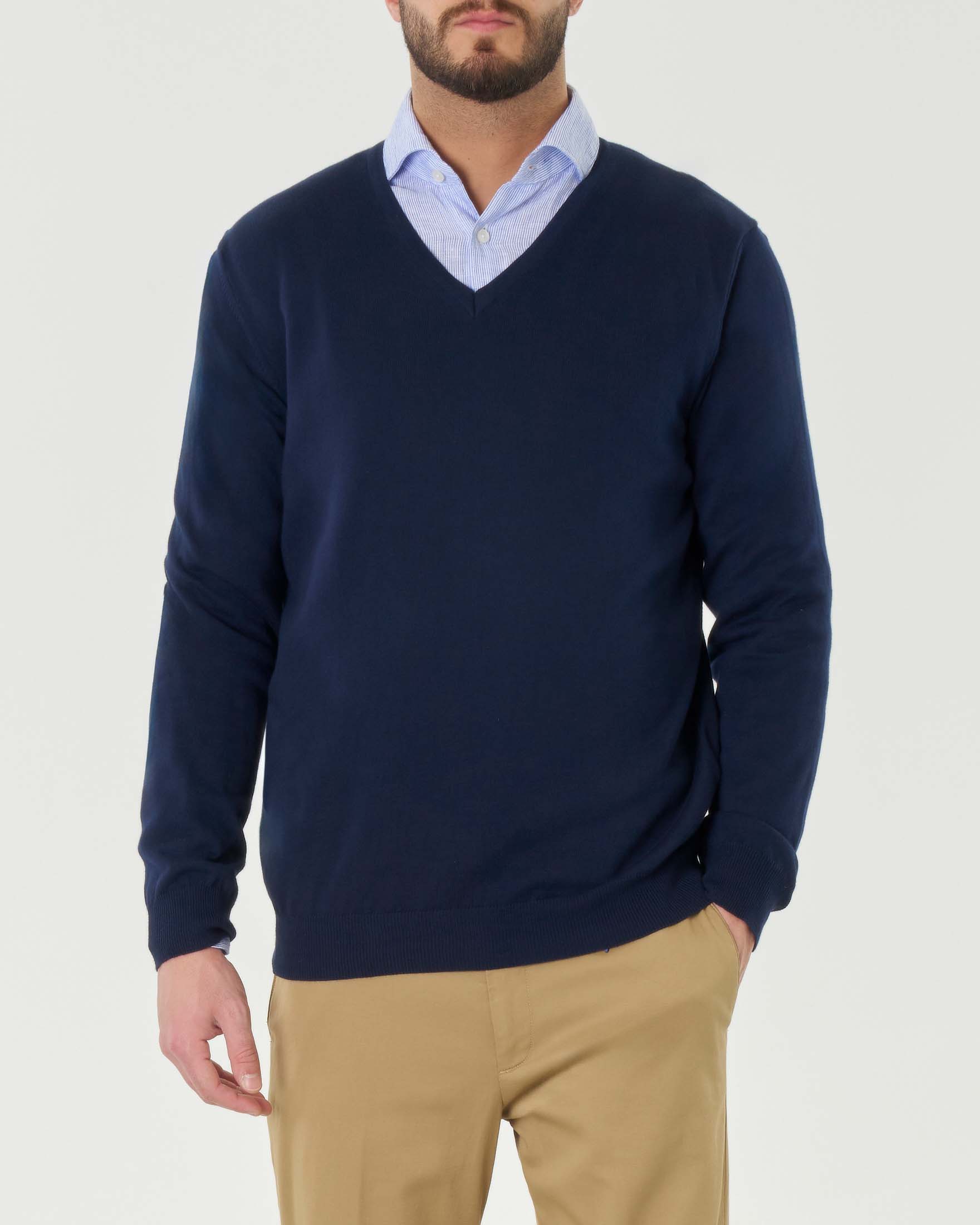 Maglia Pellizzari blu scollo a V in puro cotone made in Italy