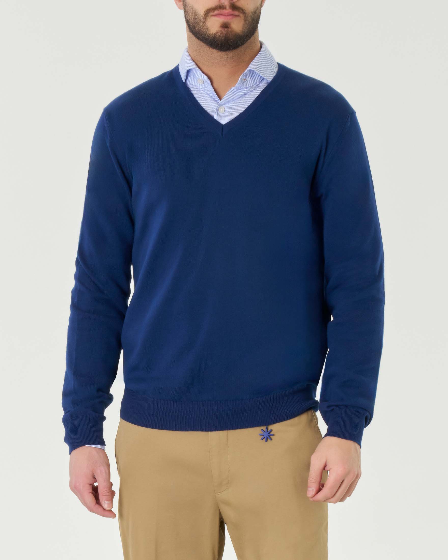 Maglia blu indaco Pellizzari scollo a V in puro cotone made in Italy