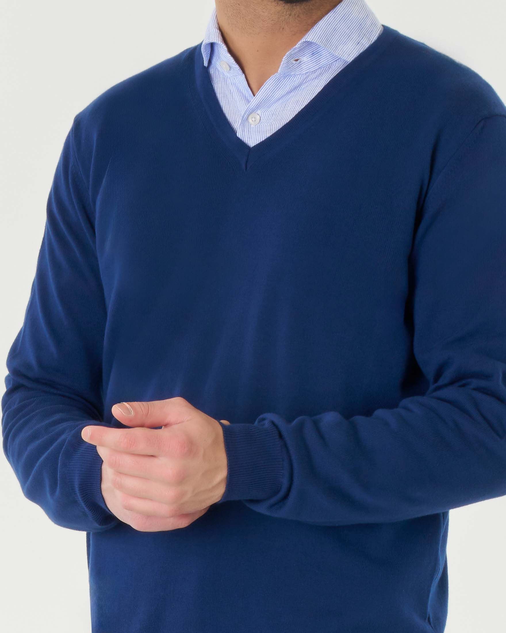 Maglia blu indaco Pellizzari scollo a V in puro cotone made in Italy image