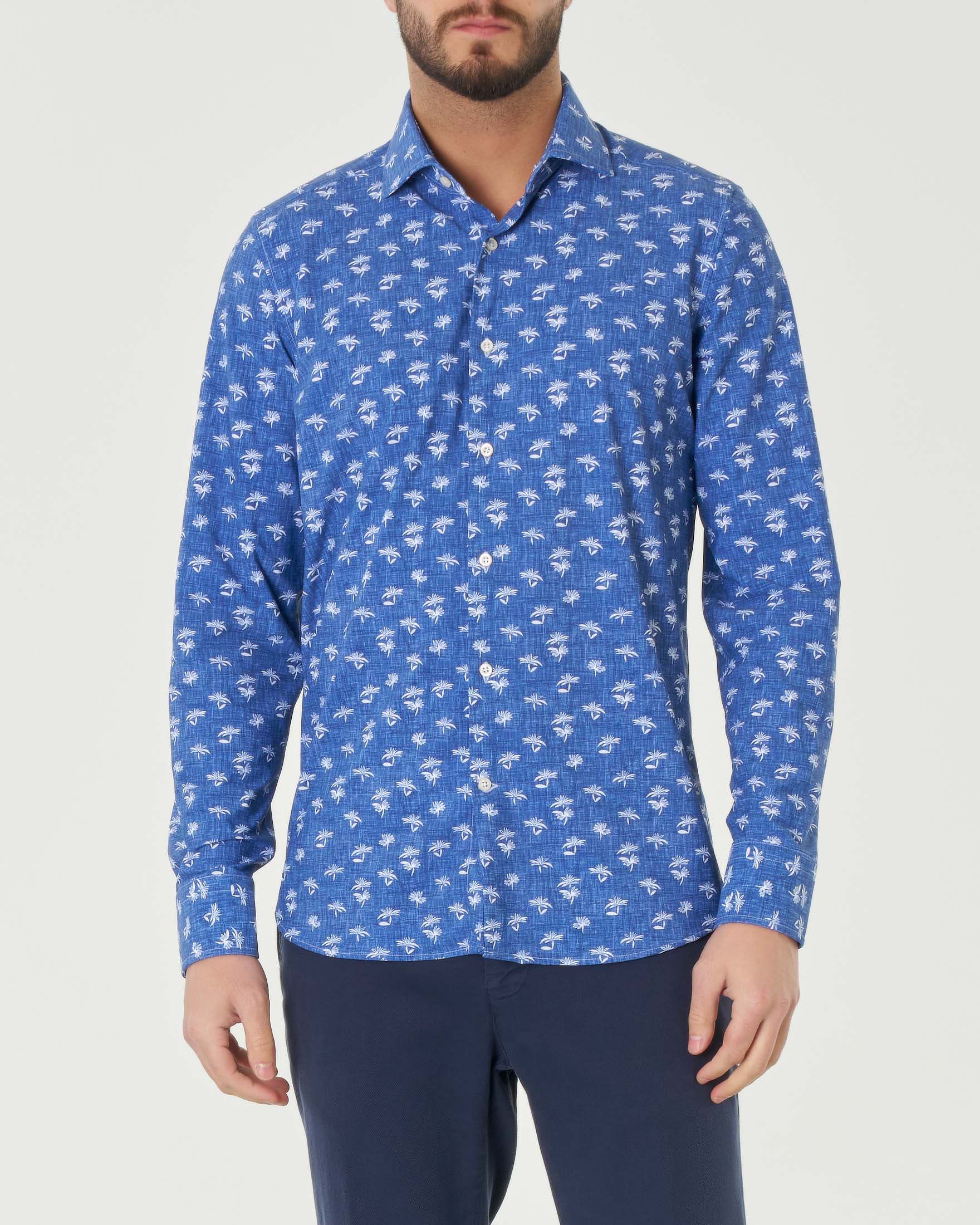 Camicia blu indaco a palmette bianche in tessuto tecnico hyper comfort