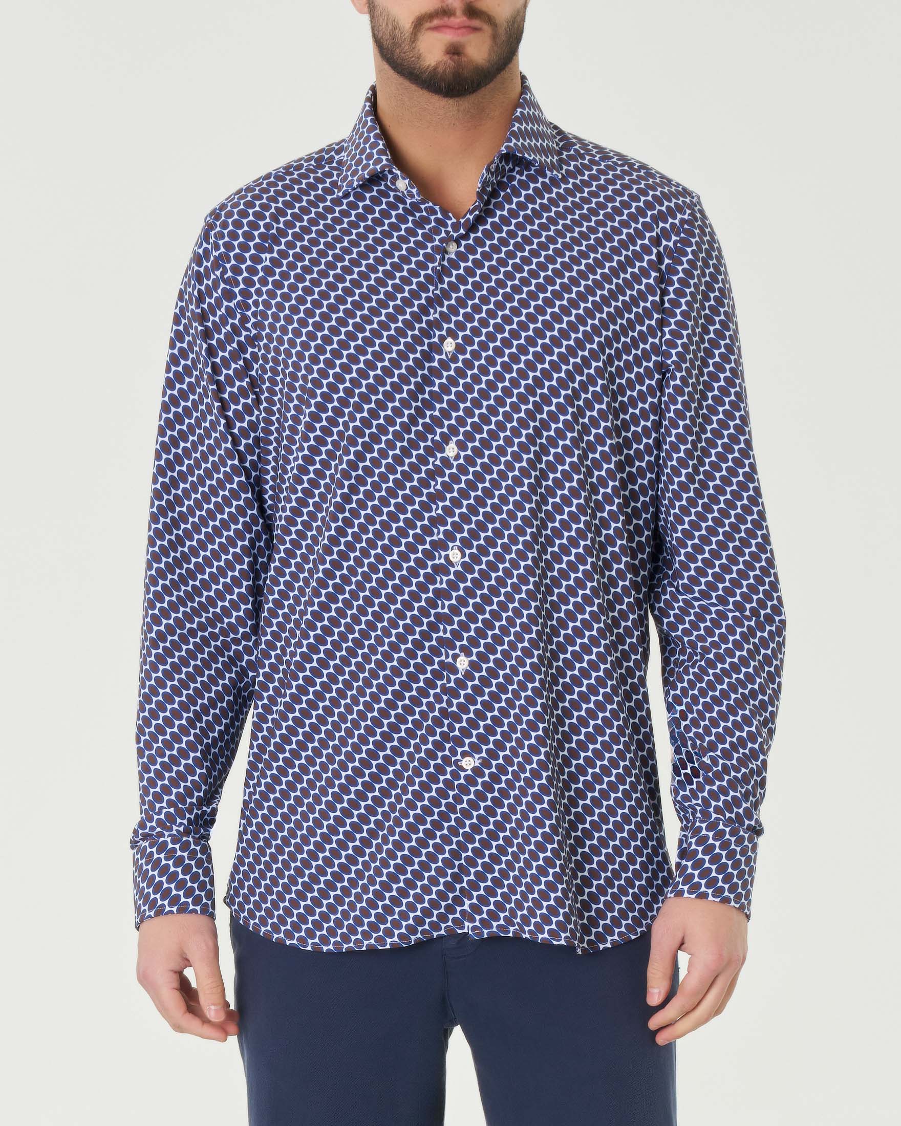 Camicia bianca in fantasia ovali blu e marroni in tessuto tecnico hyper comfort