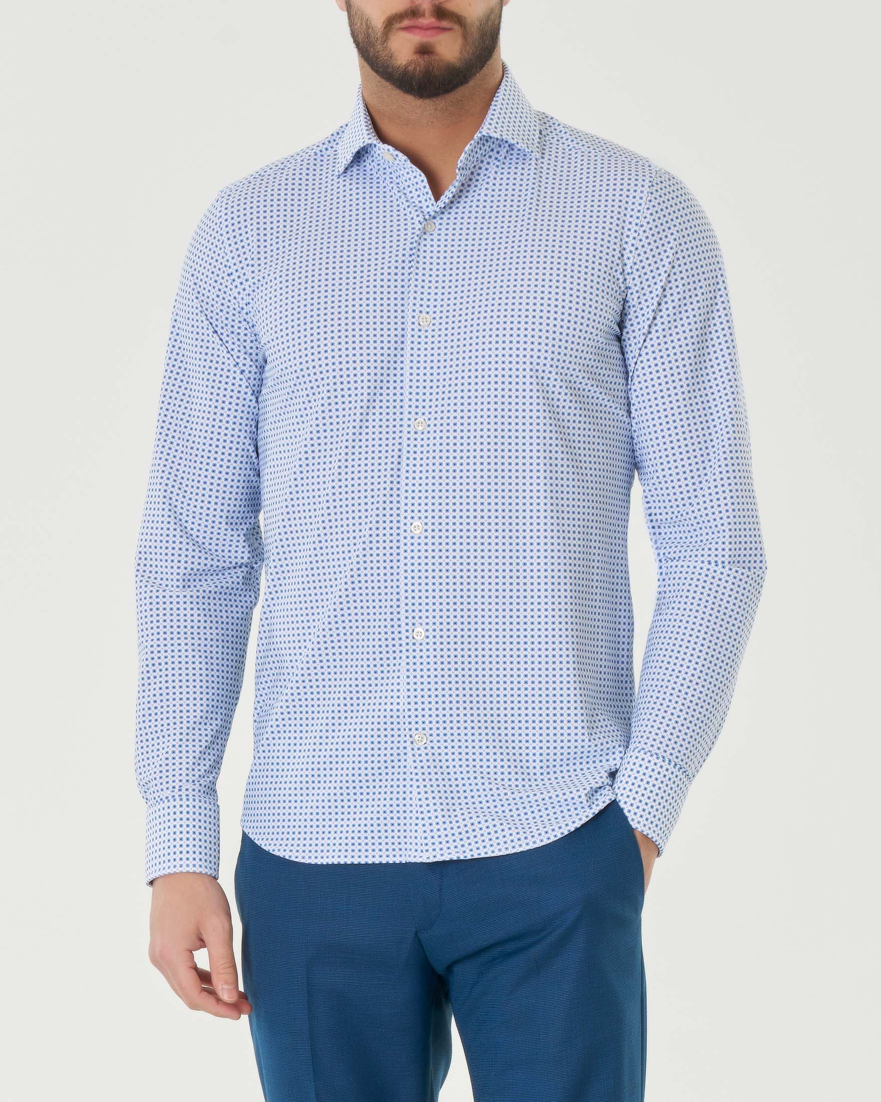 Camicia bianca in fantasia quadrattini azzurri in tessuto tecnico hyper comfort