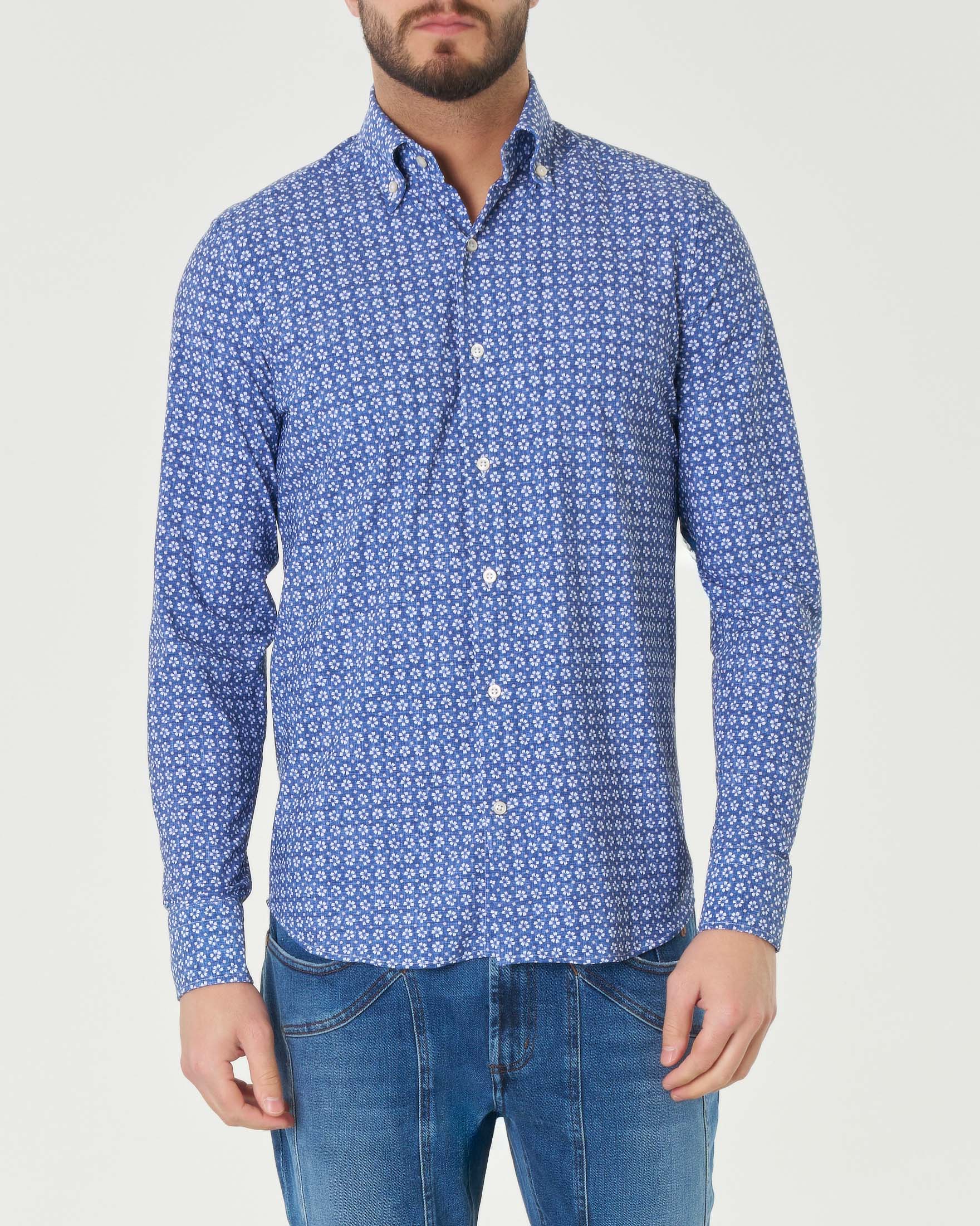 Camicia blu indaco in fantasia fiorellini bianchi in tessuto tecnico hyper comfort
