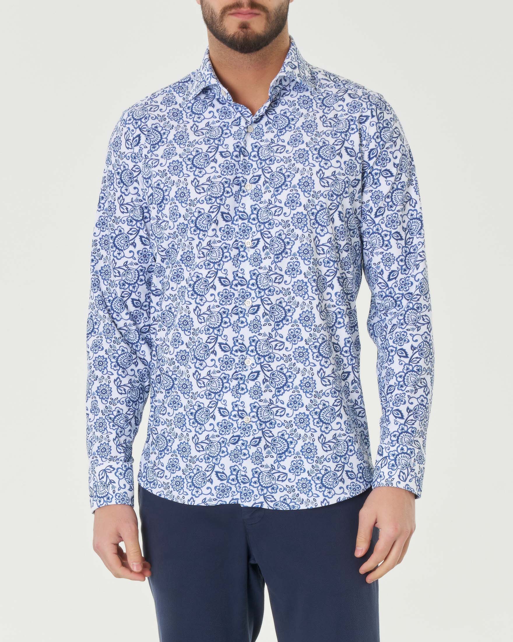 Camicia bianca in fantasia floreale blu in tessuto tecnico hyper comfort