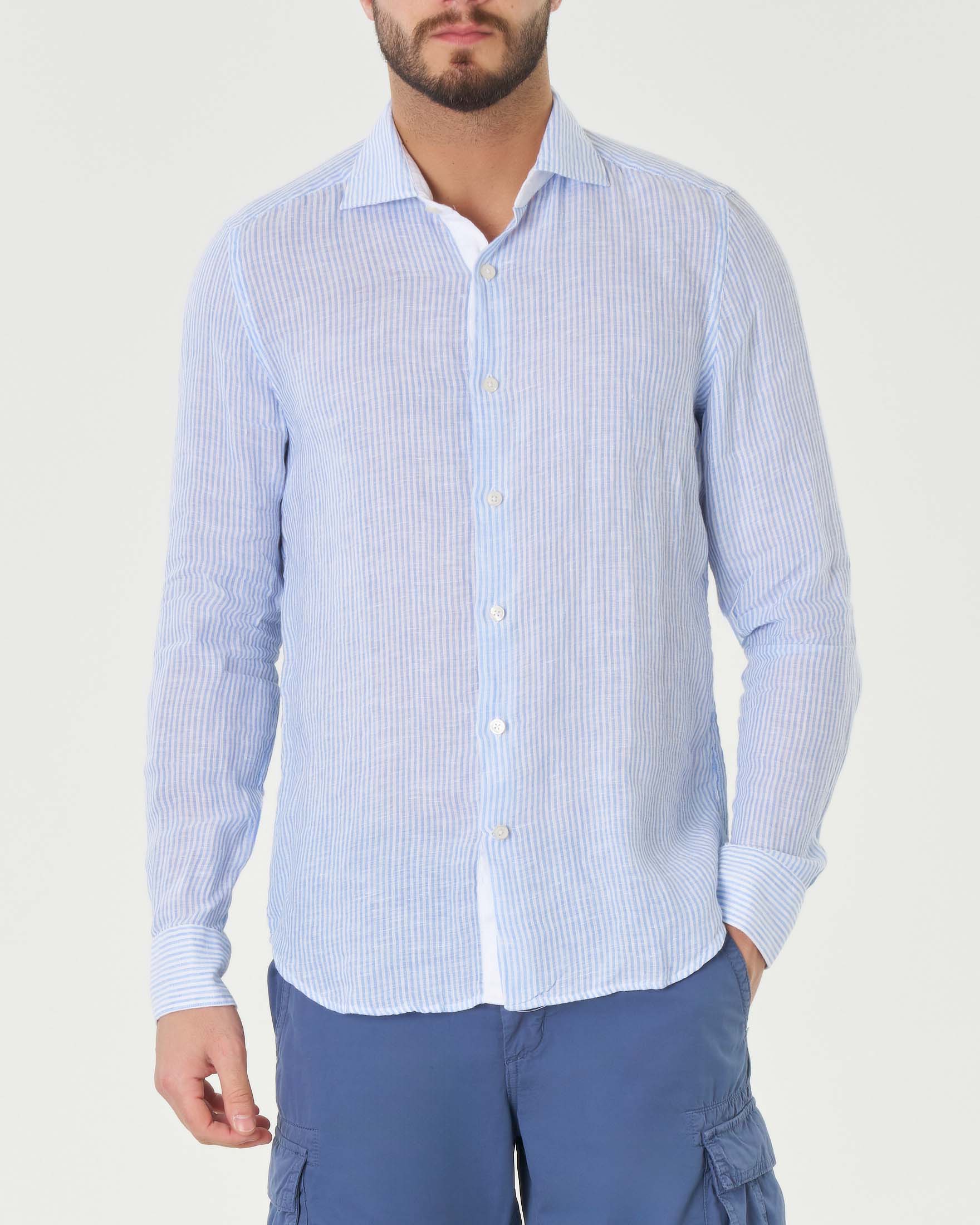 Camicia bastoncino bianca e azzurra in puro lino con collo alla francese