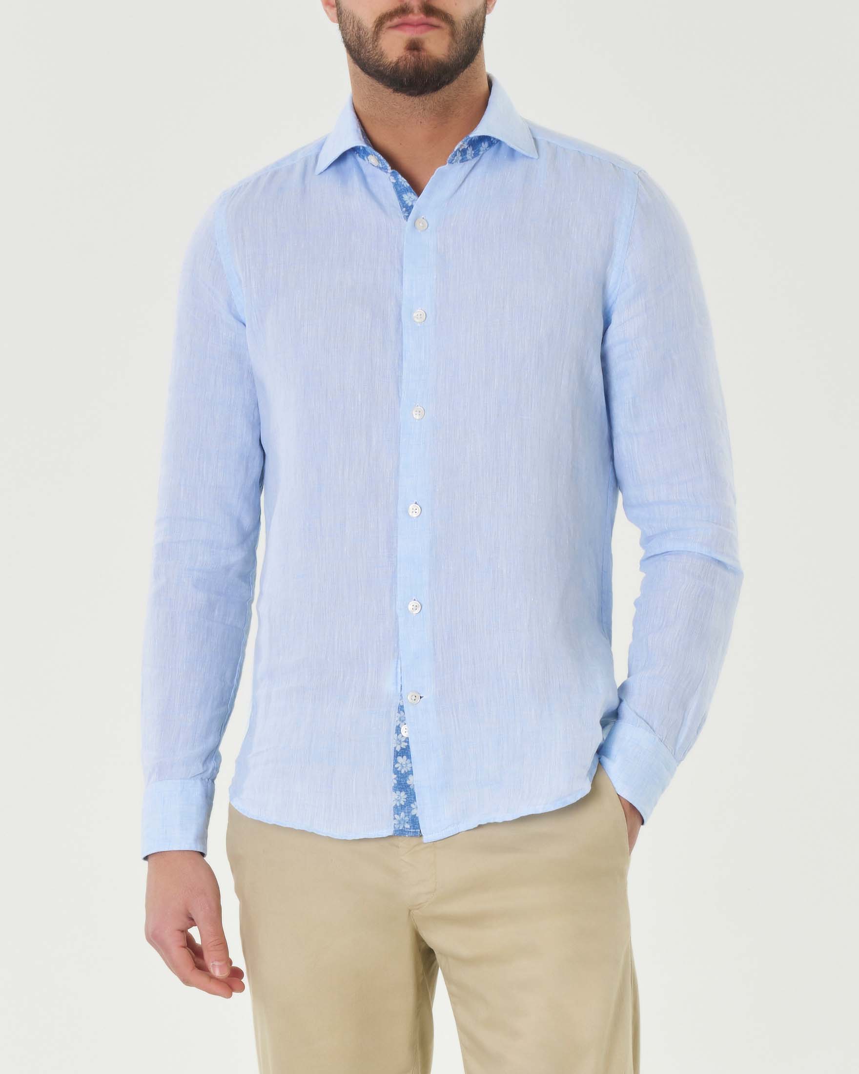 Camicia azzurra in puro lino con collo alla francese