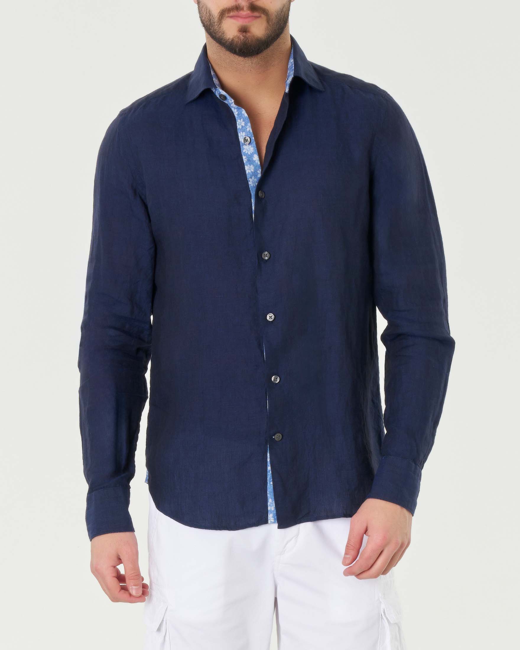 Camicia blu in puro lino con collo alla francese