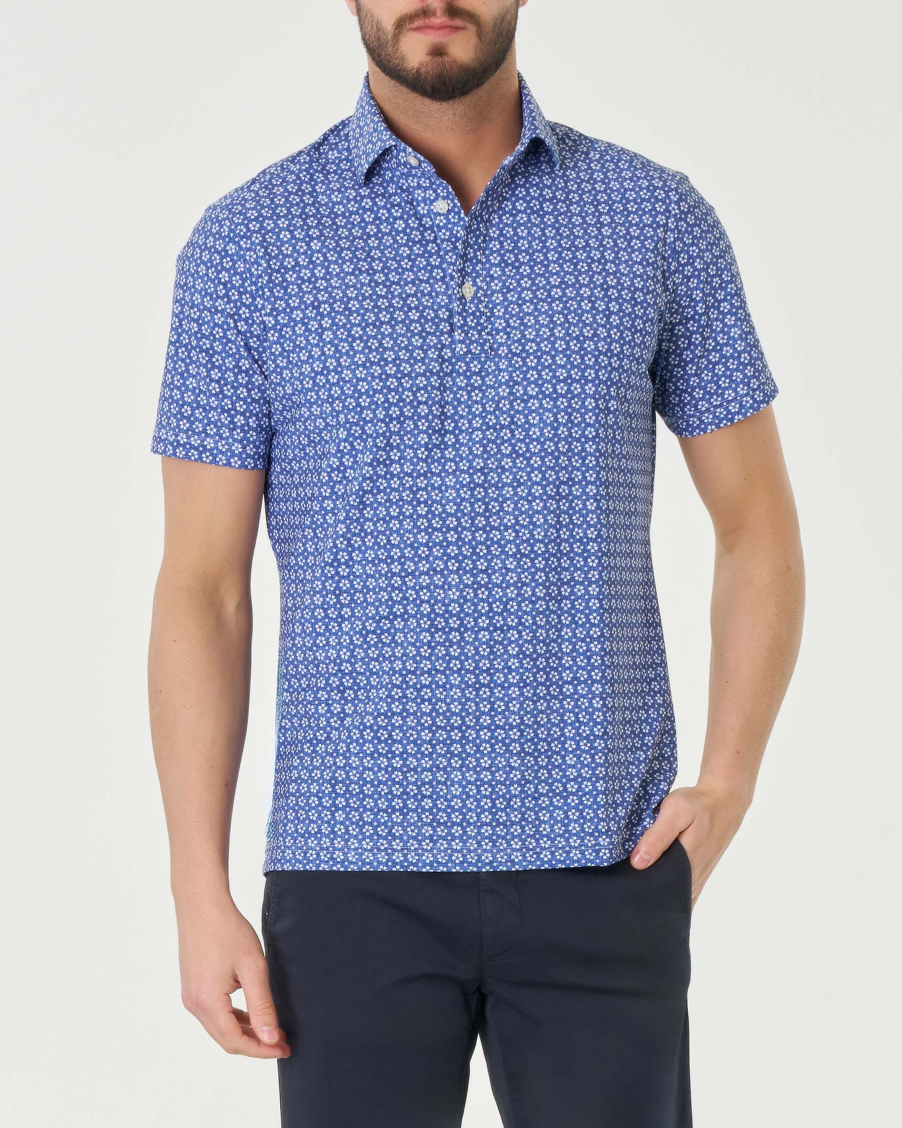 Polo blu indaco mezza manica in tessuto tecnico hyper comfort con stampa fiorellini