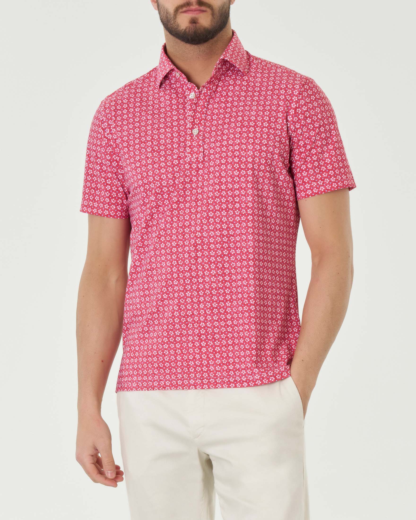 Polo rossa mezza manica in tessuto tecnico hyper comfort con stampa fiorellini