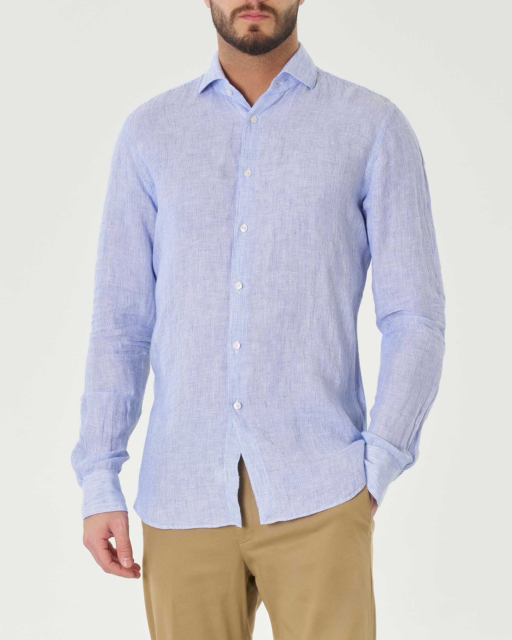 Camicia bastoncino bianco e azzurro in puro lino tailor fit